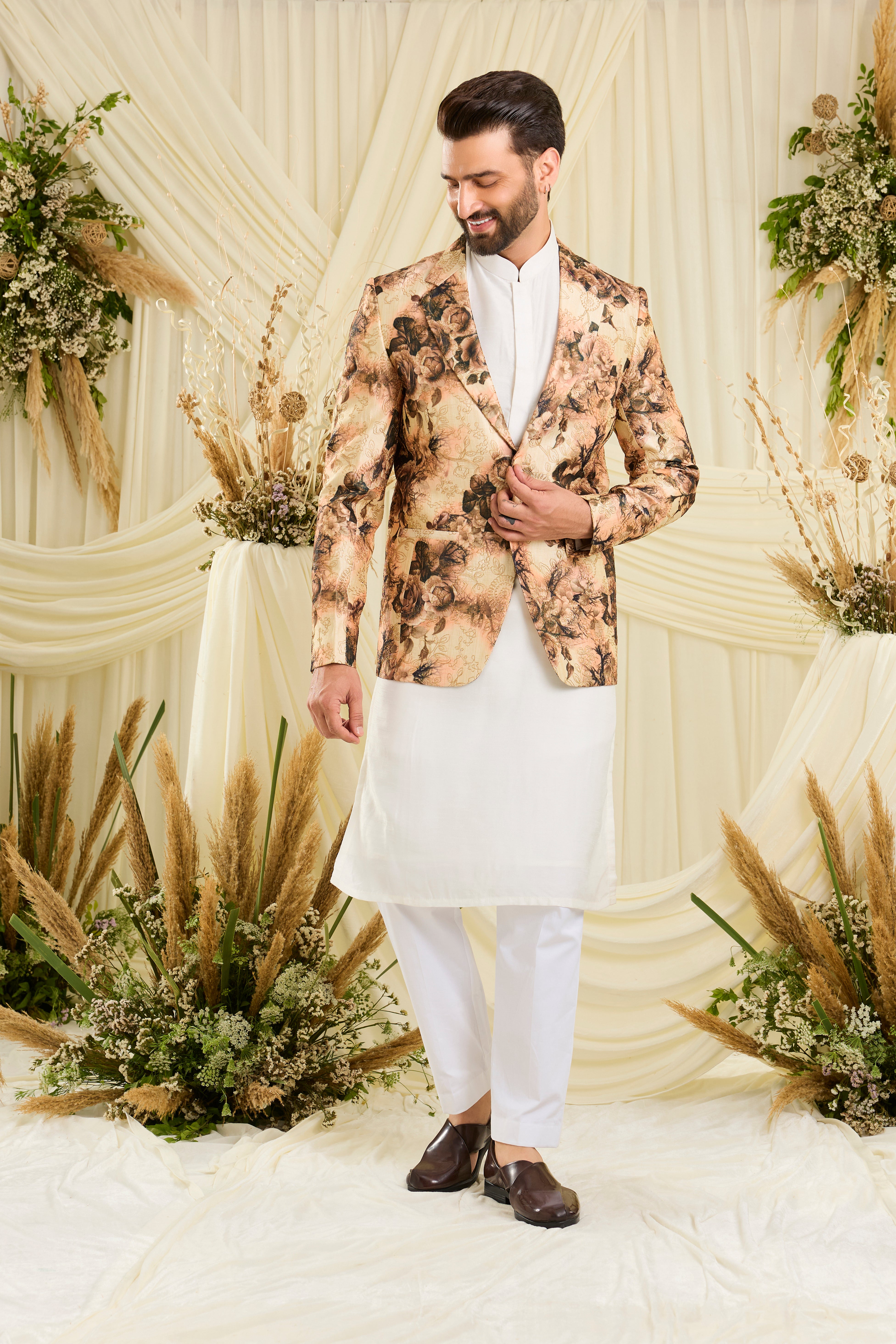 Beige floral printed blazer with vibrant multicolour detailing — luxurious, artistic, and crafted for standout sophistication.