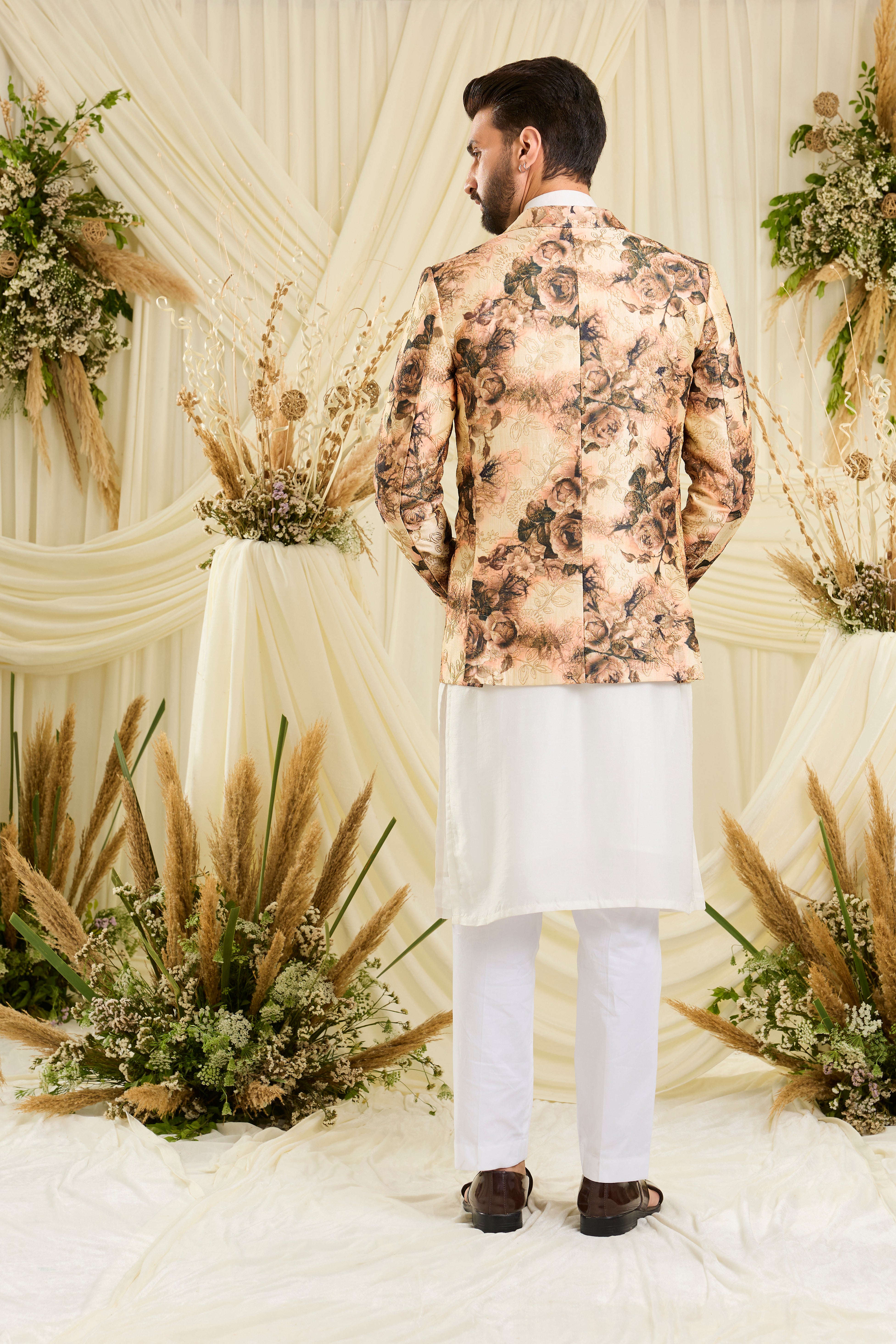 Beige floral printed blazer with vibrant multicolour detailing — luxurious, artistic, and crafted for standout sophistication.