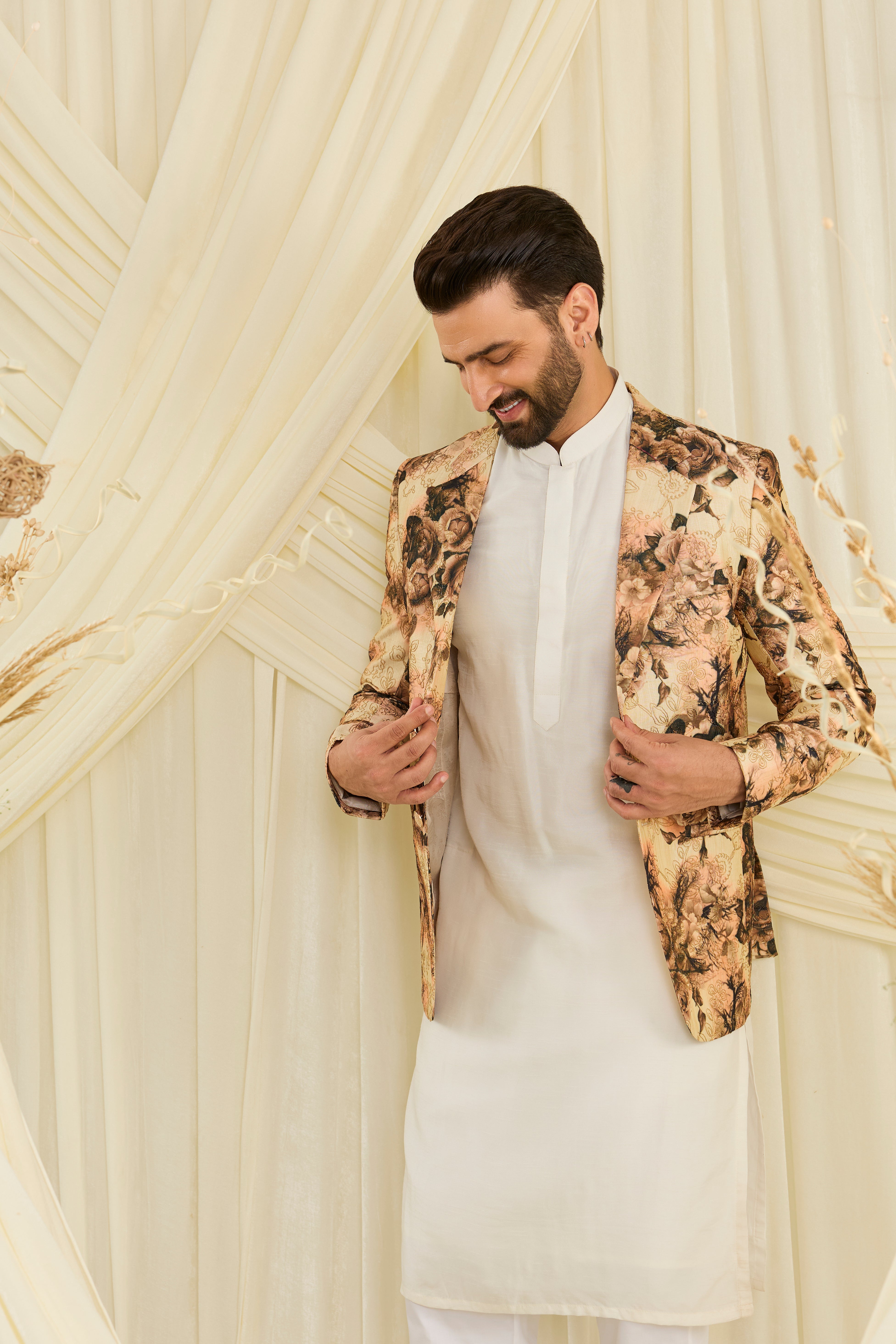 Beige floral printed blazer with vibrant multicolour detailing — luxurious, artistic, and crafted for standout sophistication.