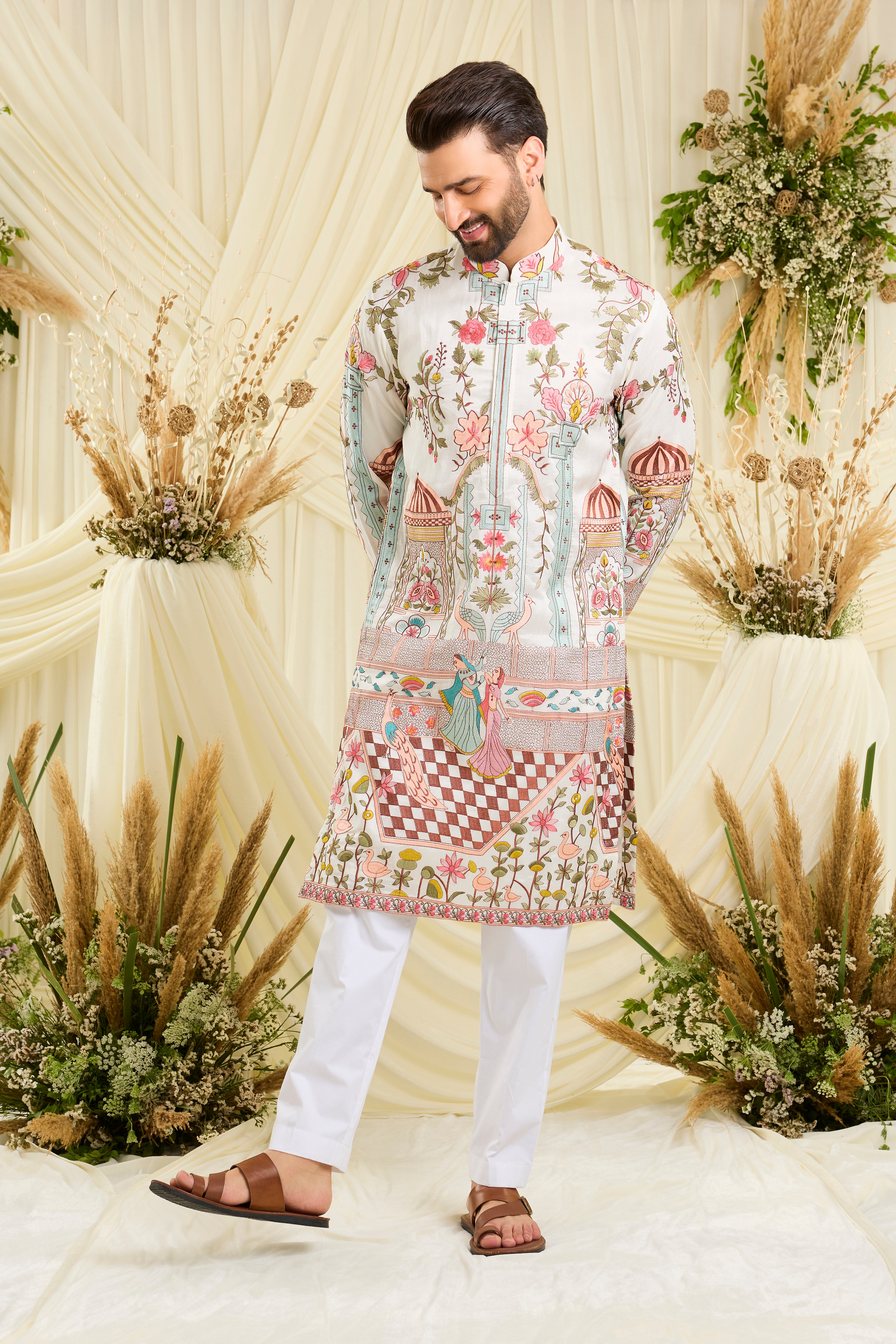 Opulent silk kurta with Mughal darbars, peacocks, florals, and dancing royals — a masterpiece of imperial artistry.