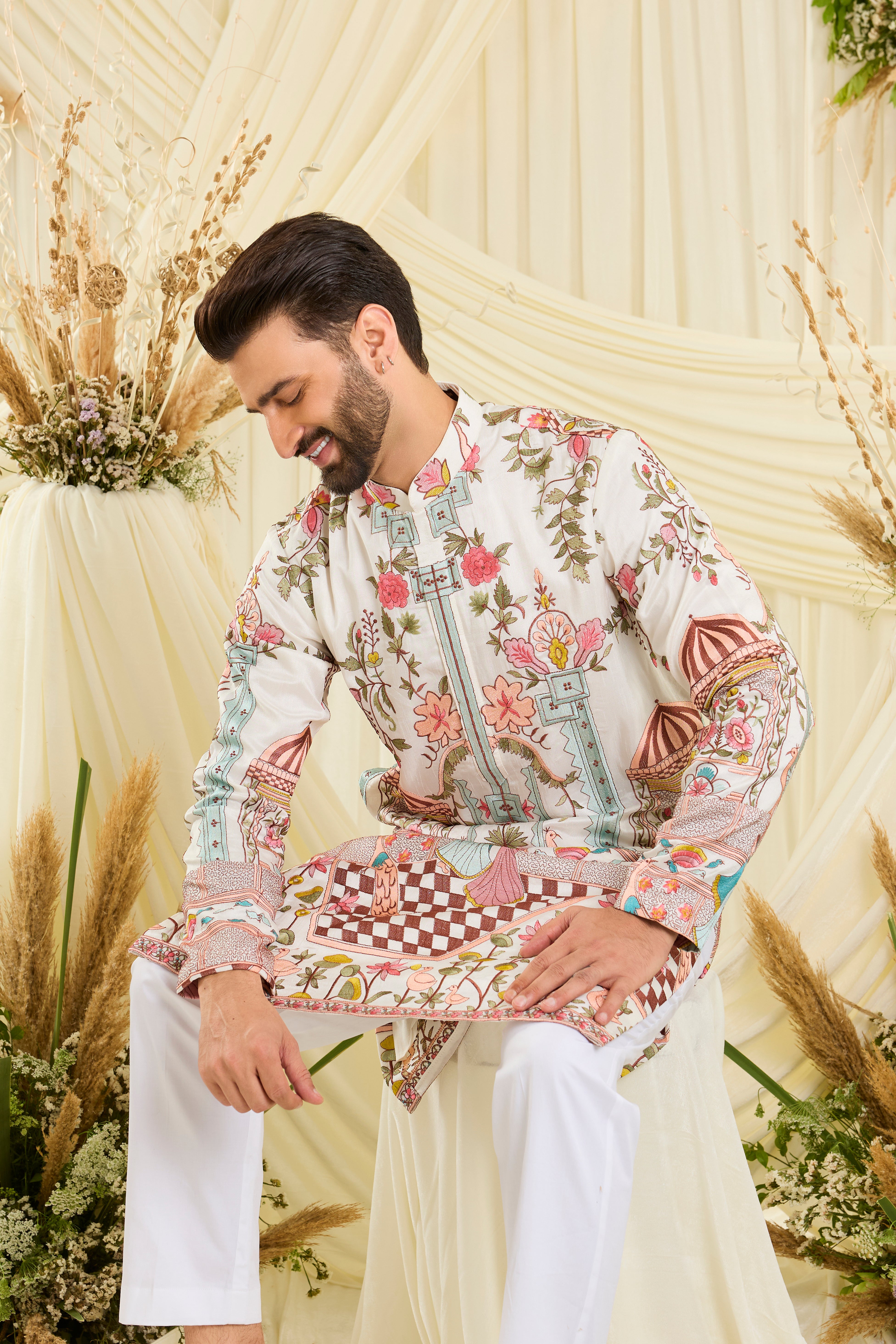 Opulent silk kurta with Mughal darbars, peacocks, florals, and dancing royals — a masterpiece of imperial artistry.
