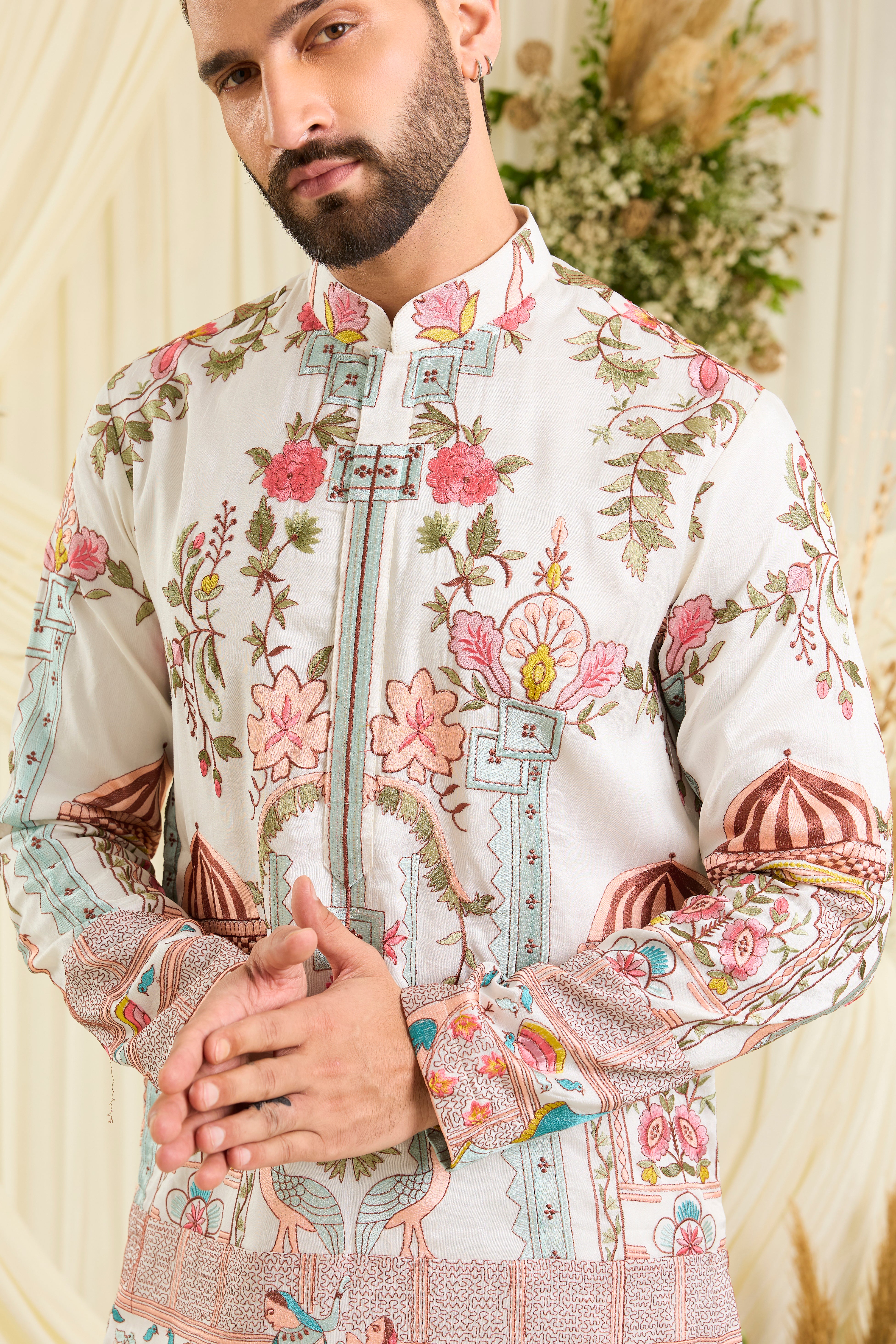 Opulent silk kurta with Mughal darbars, peacocks, florals, and dancing royals — a masterpiece of imperial artistry.