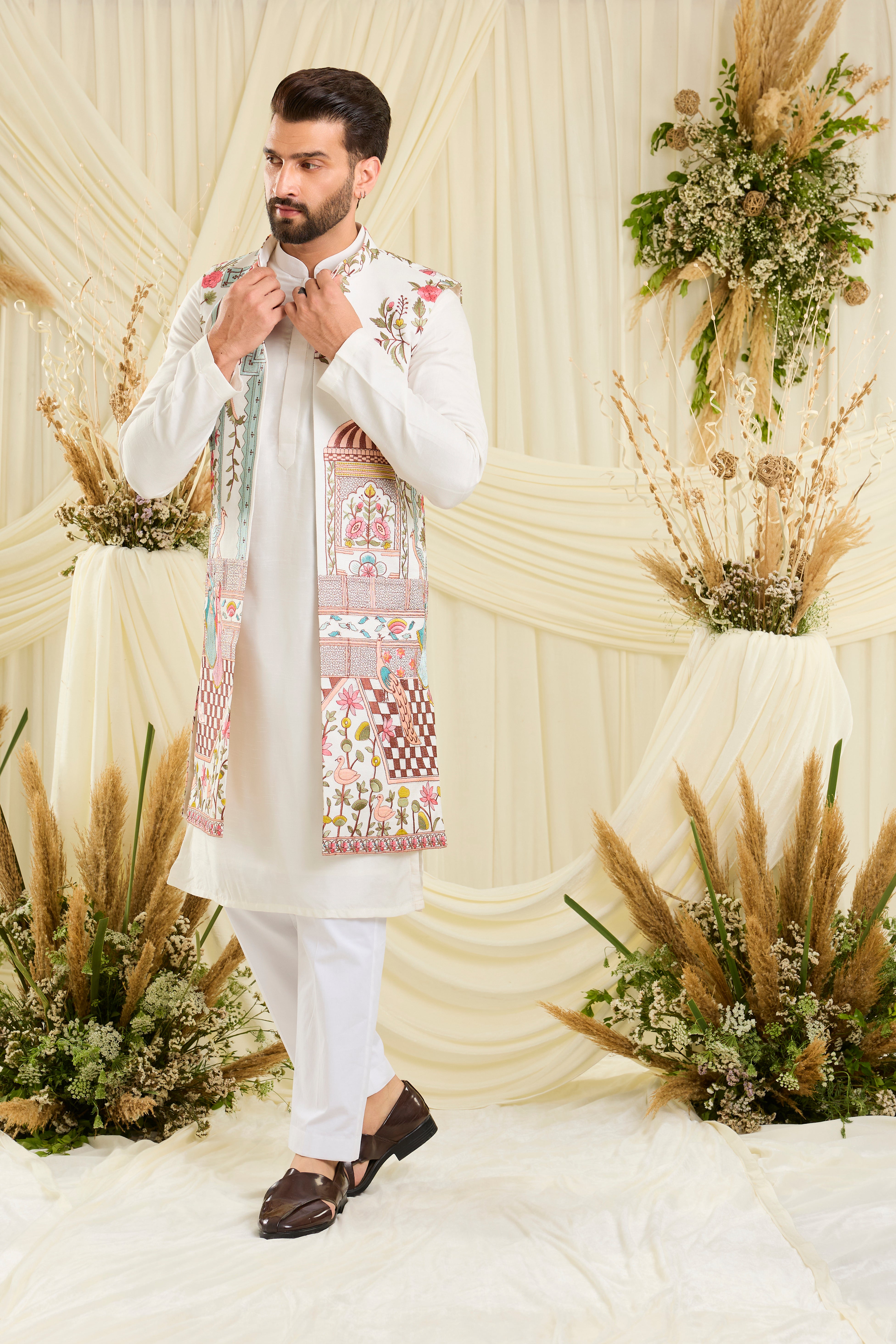 Opulent silk long open jacket with Mughal darbars, peacocks, florals, and dancing royals — a masterpiece of imperial artistry.