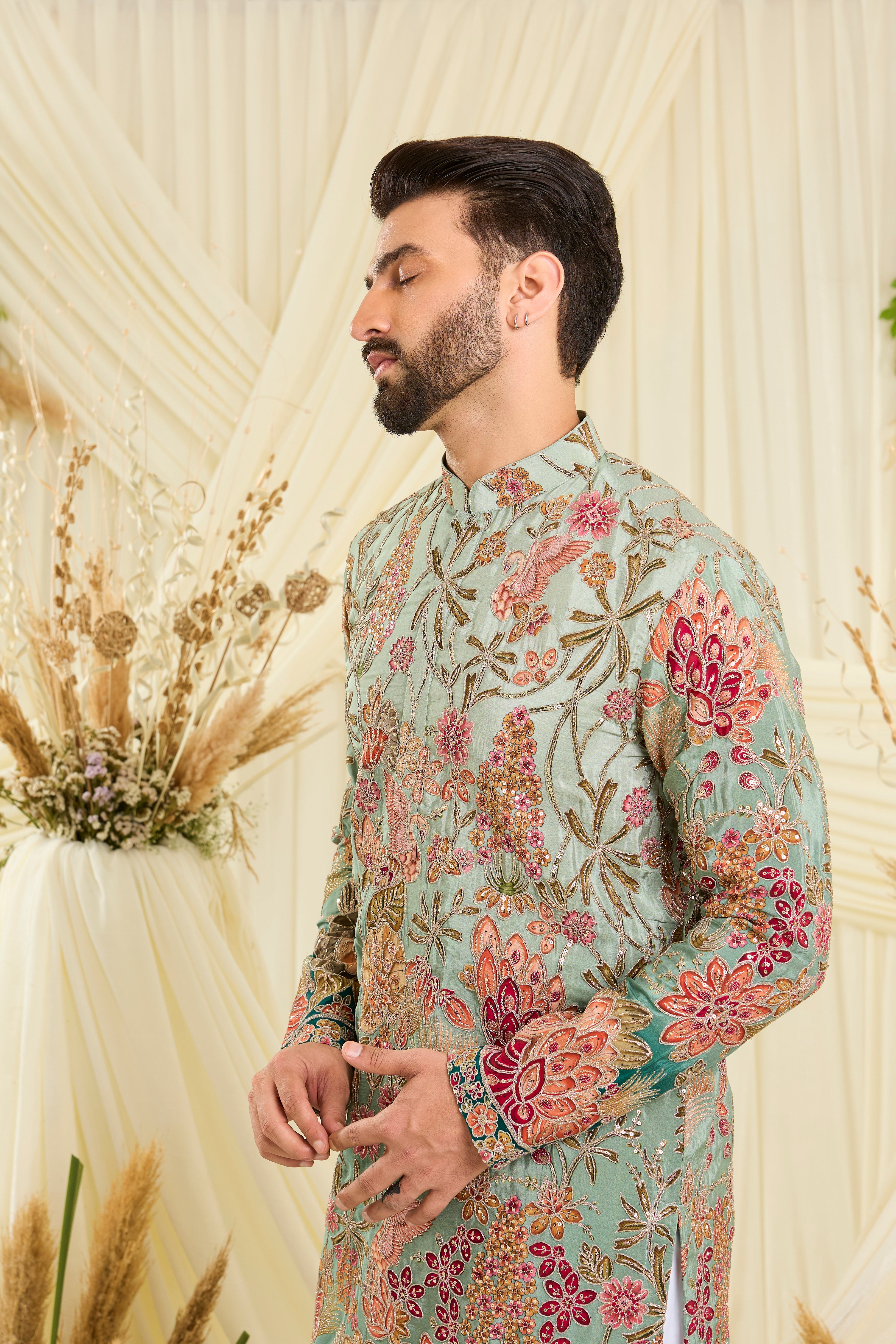 Pastel  blue/aqua kurta with intricate floral embroidery, rich zari detailing, and delicate sequins for a refined, luminous festive statement.
