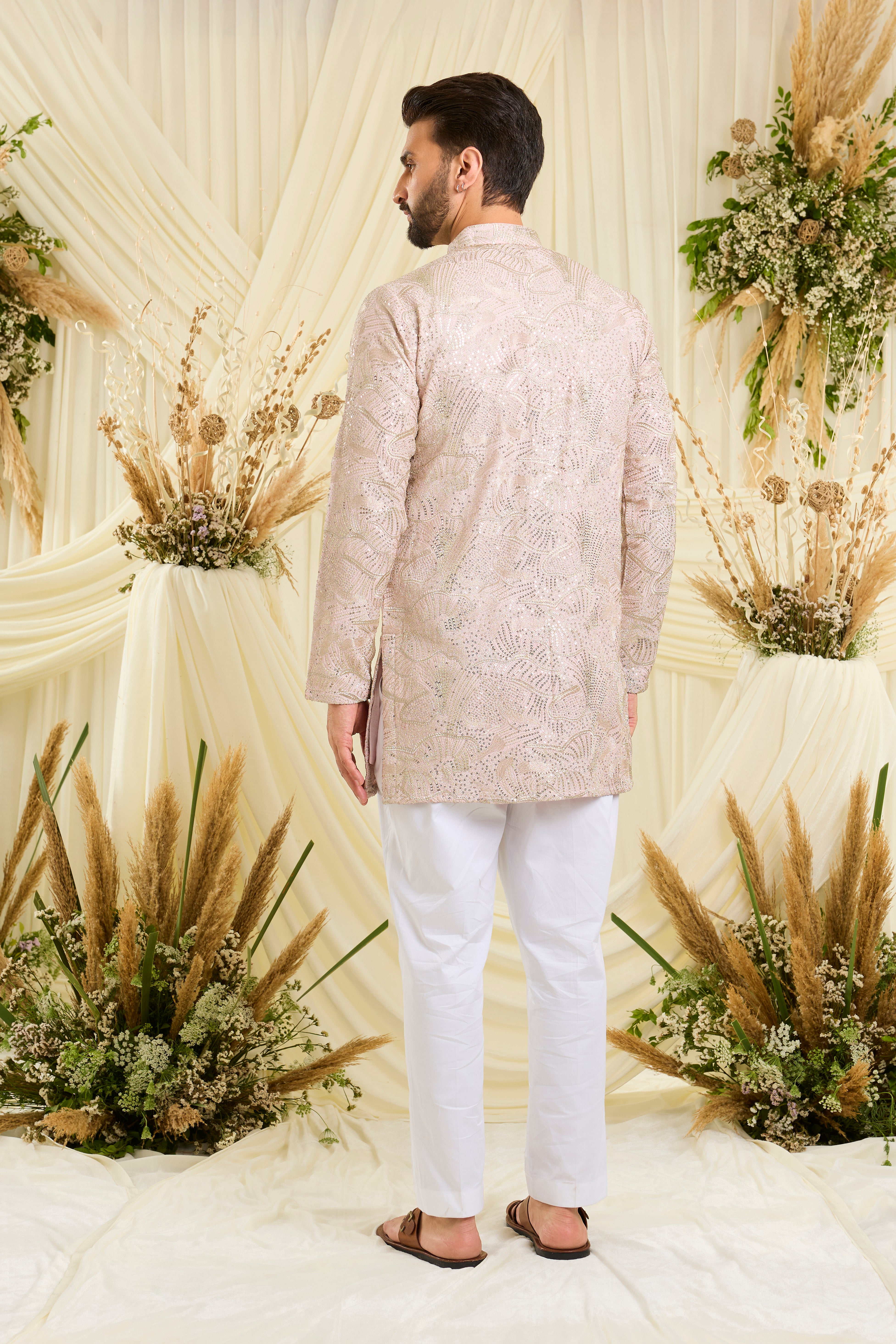 Powder pink sequined kurta with an abstract design — fresh, luminous, and perfect for elevated day occasions.