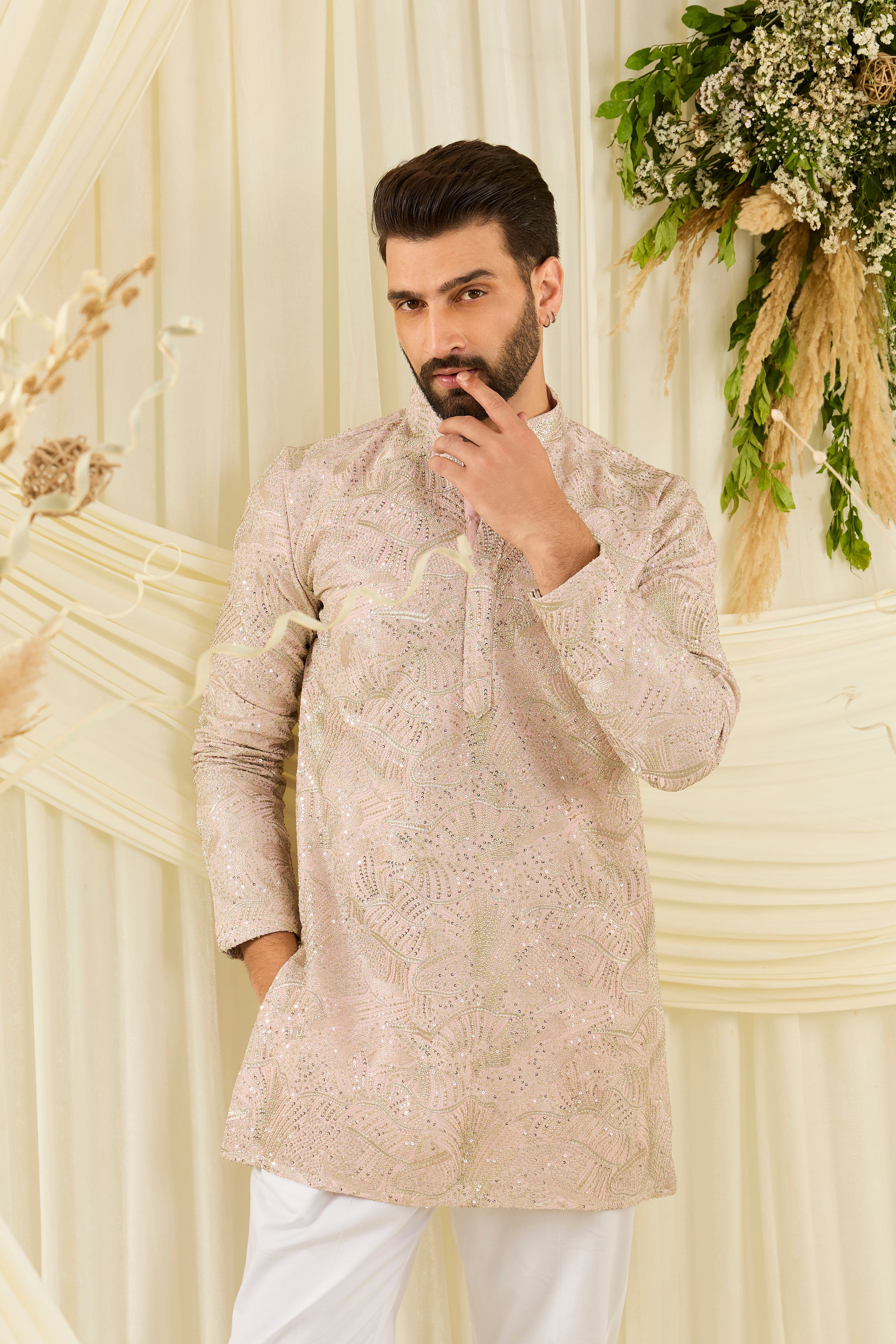 Powder pink sequined kurta with an abstract design — fresh, luminous, and perfect for elevated day occasions.