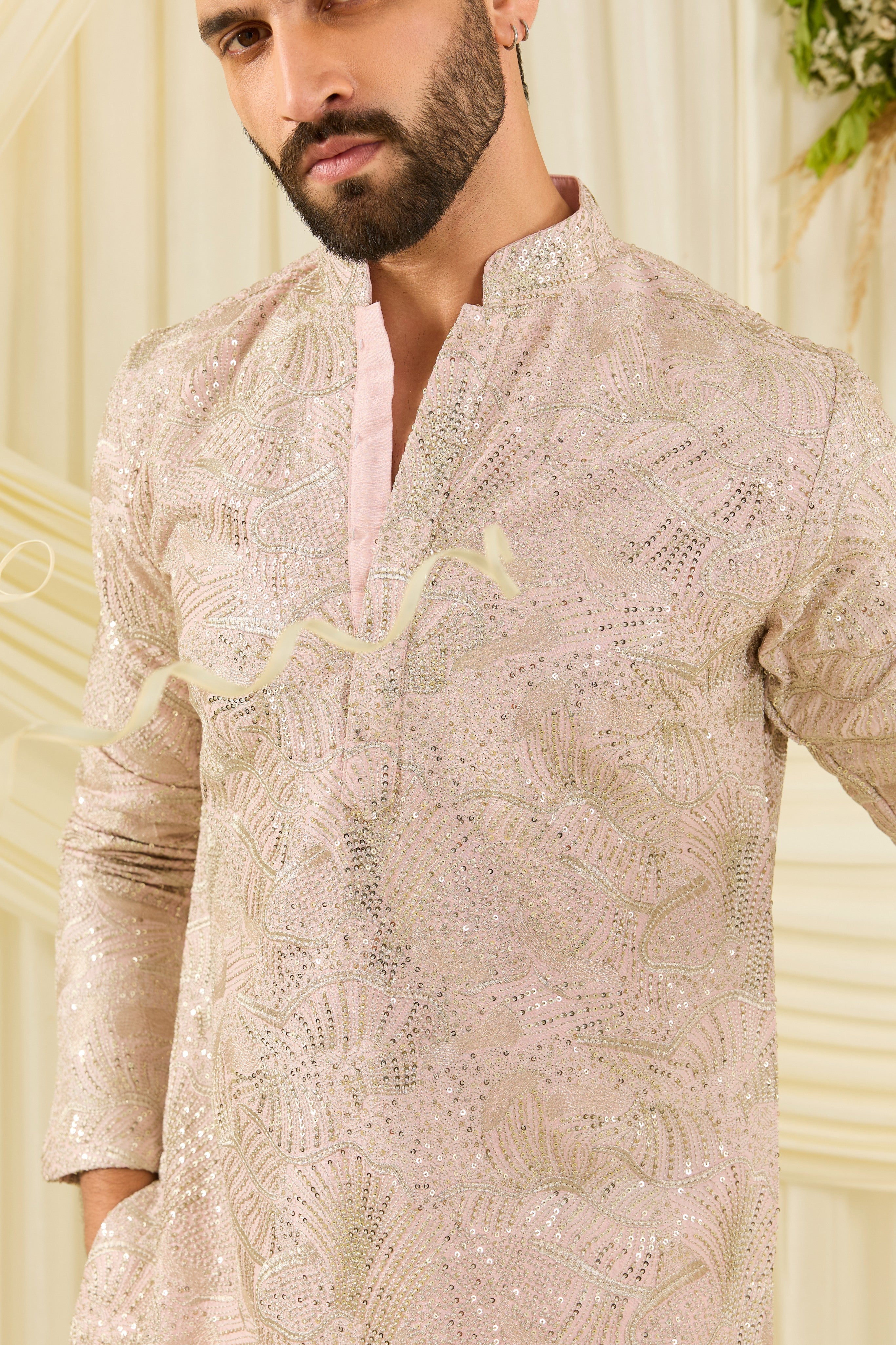 Powder pink sequined kurta with an abstract design — fresh, luminous, and perfect for elevated day occasions.