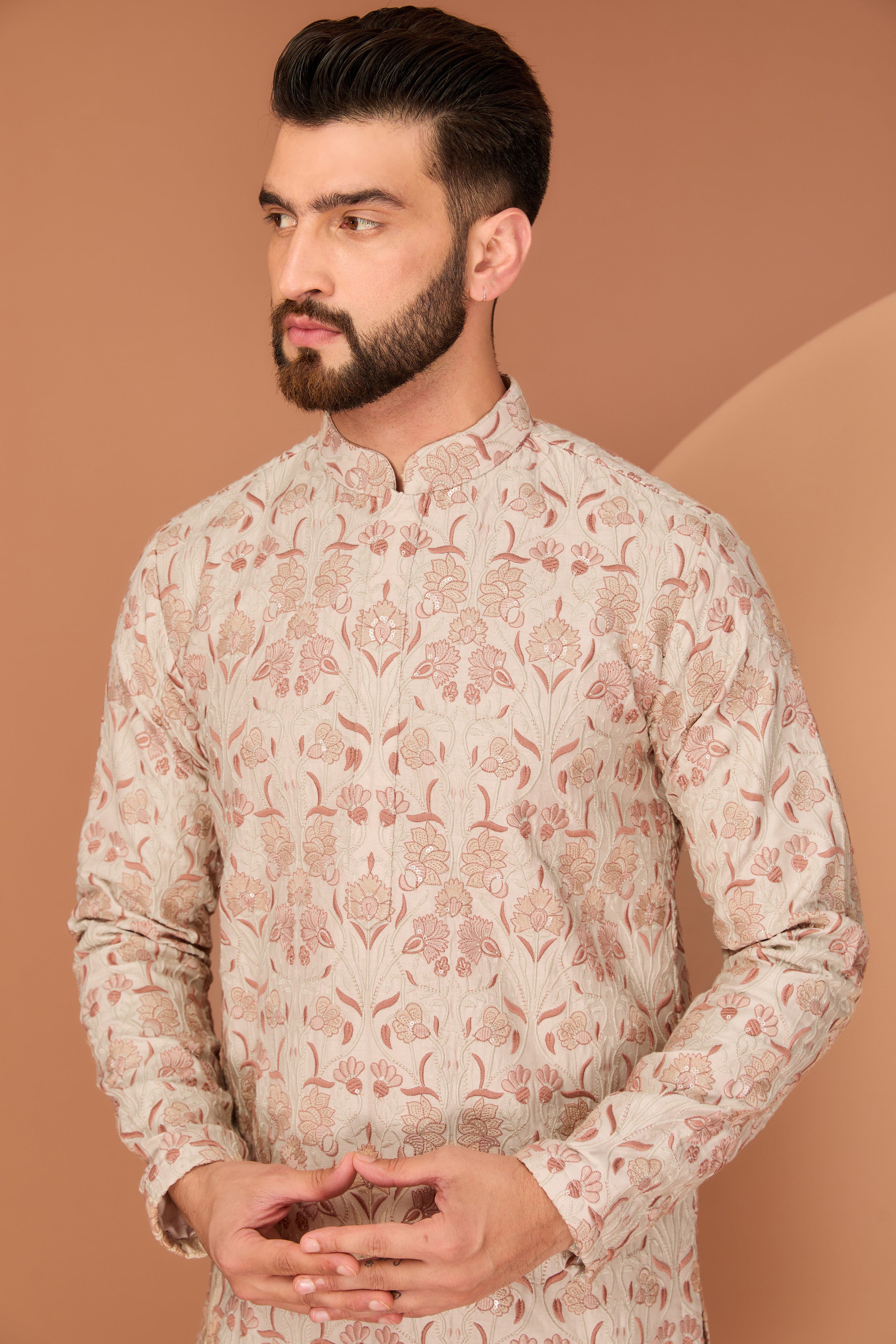 Beige-Cream floral chikankari kurta - kasbahmen