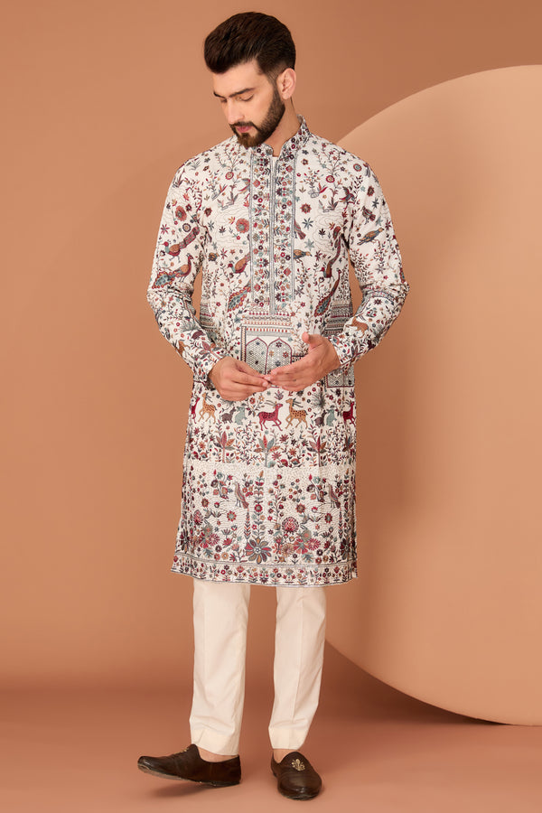 White kurta with flora-fauna motifs - kasbahmen