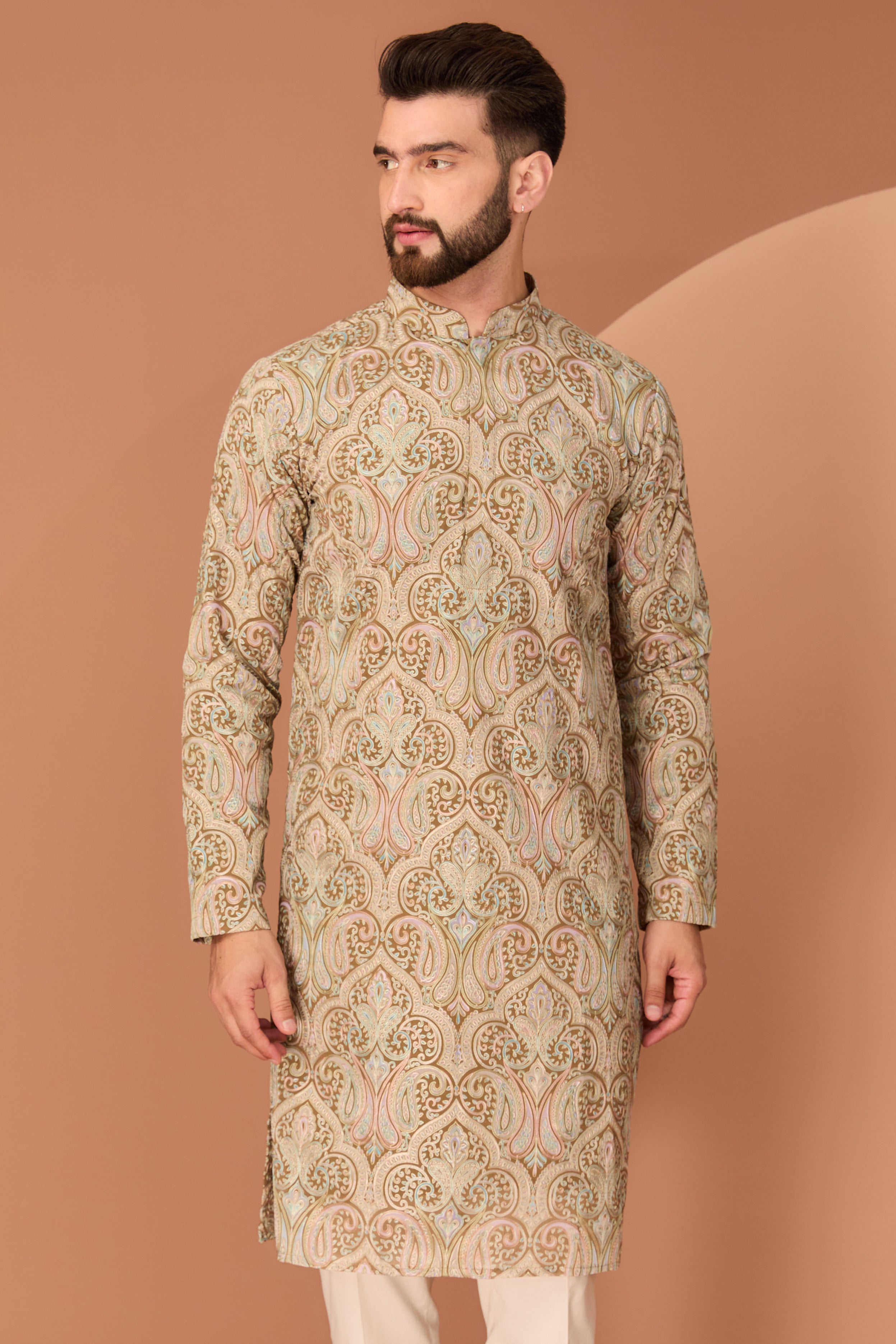 Brown Kashmiri embroidered chikankari kurta - kasbahmen