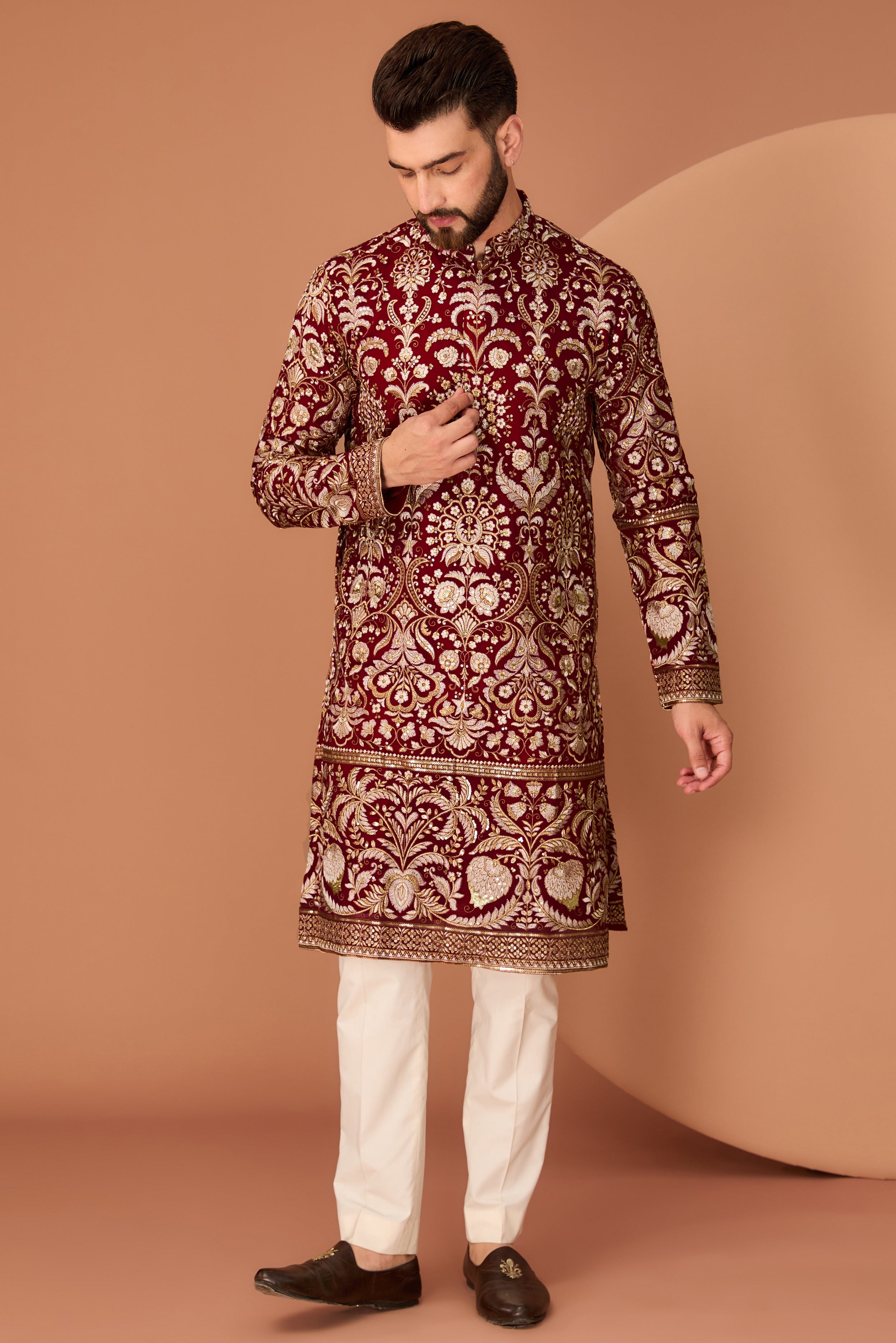 Red-maroon floral kurta with intricate zari work - kasbahmen