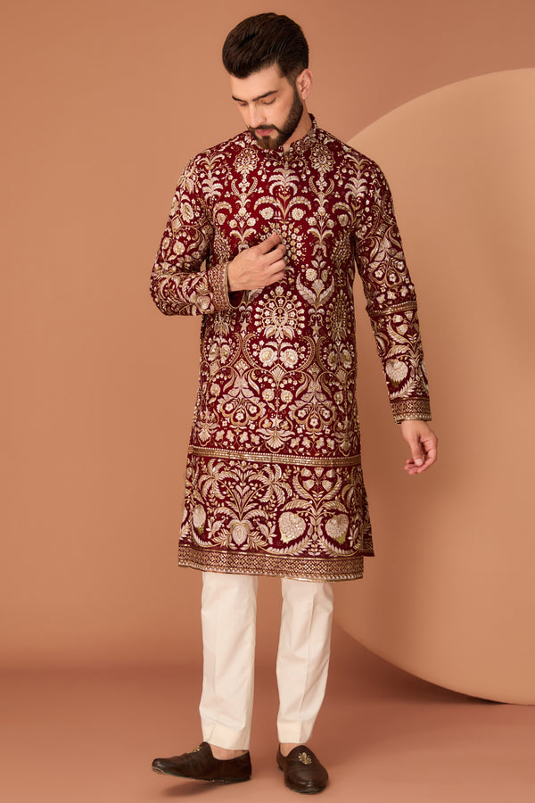 Red-maroon floral kurta with intricate zari work