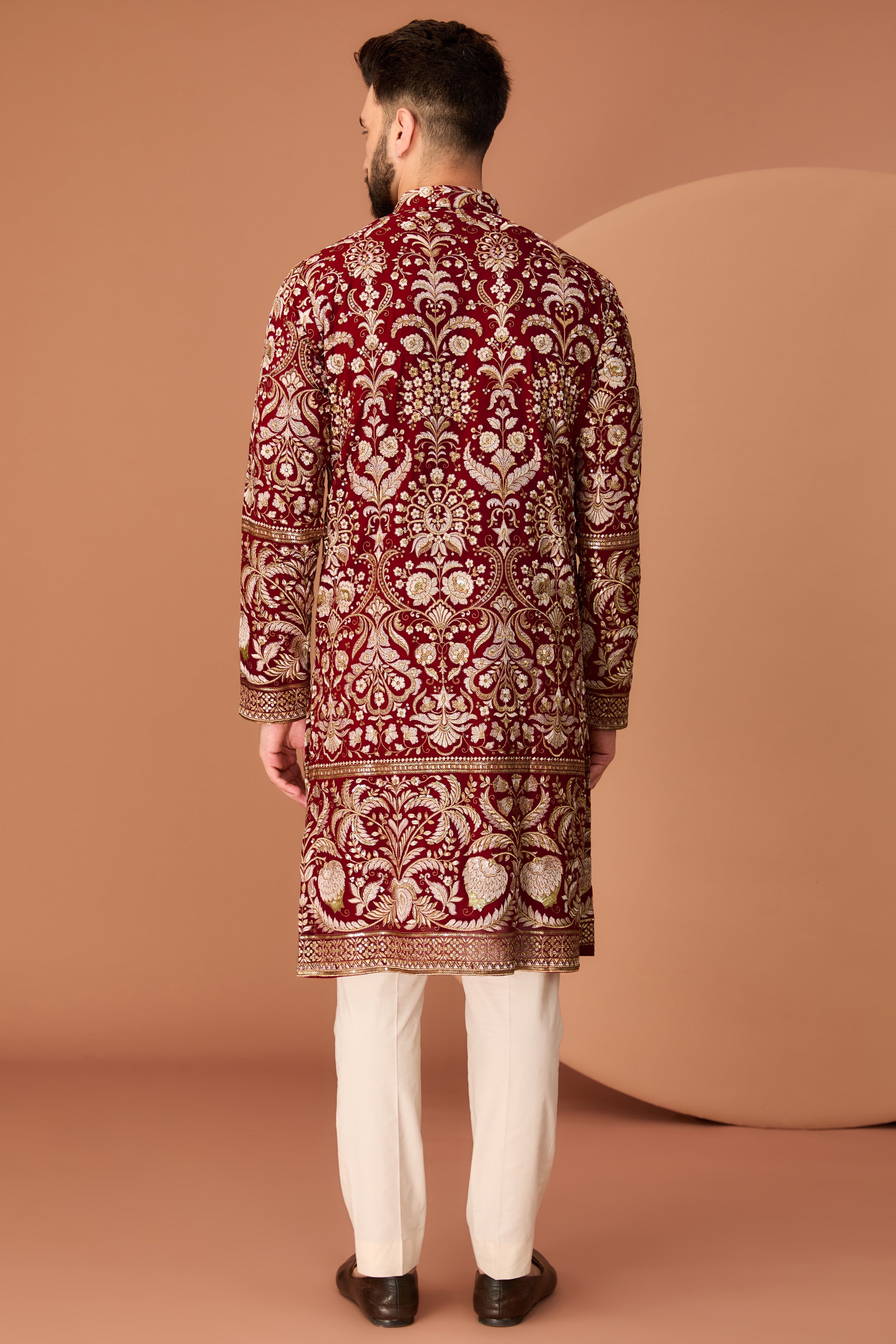 Red-maroon floral kurta with intricate zari work - kasbahmen