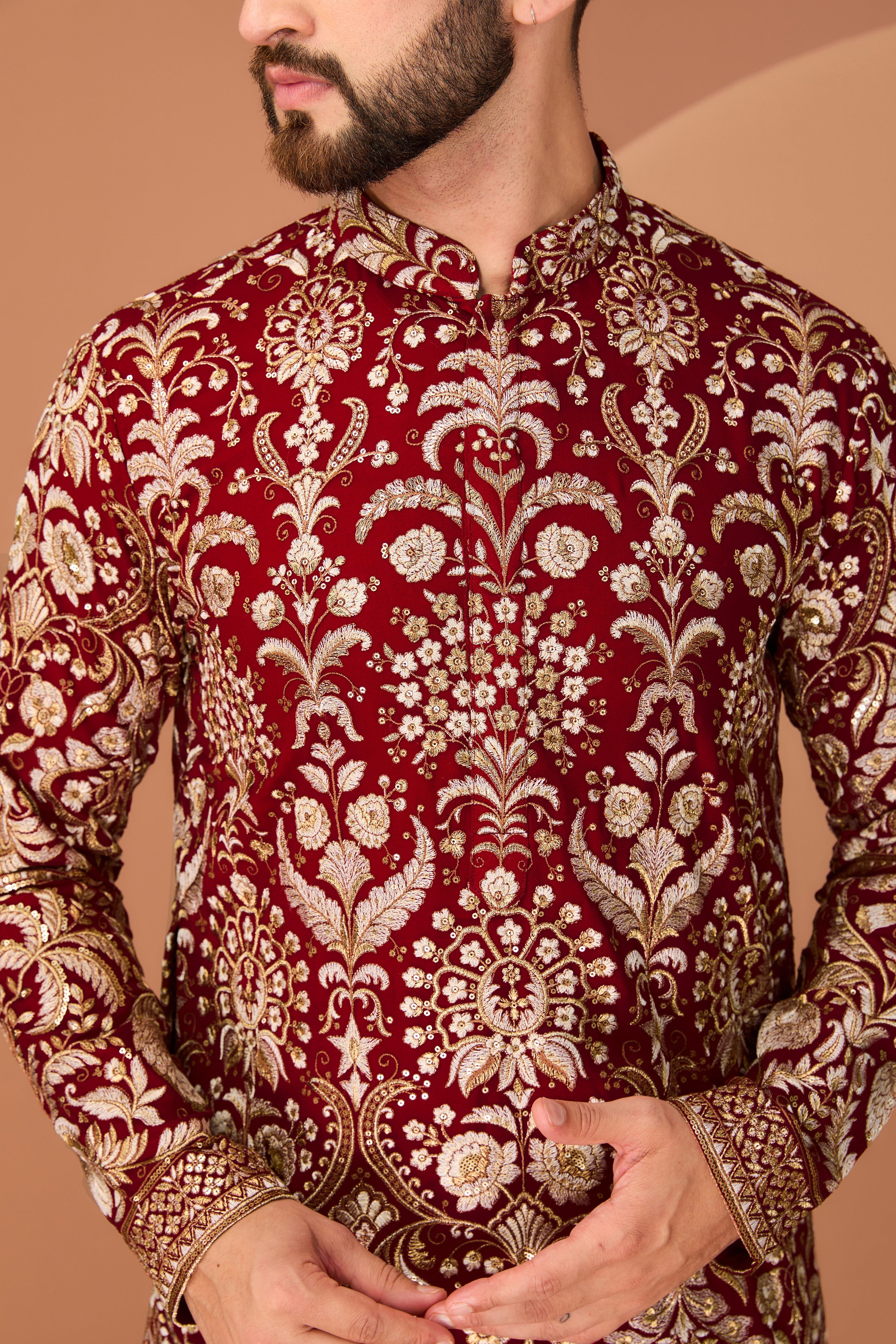 Red-maroon floral kurta with intricate zari work - kasbahmen