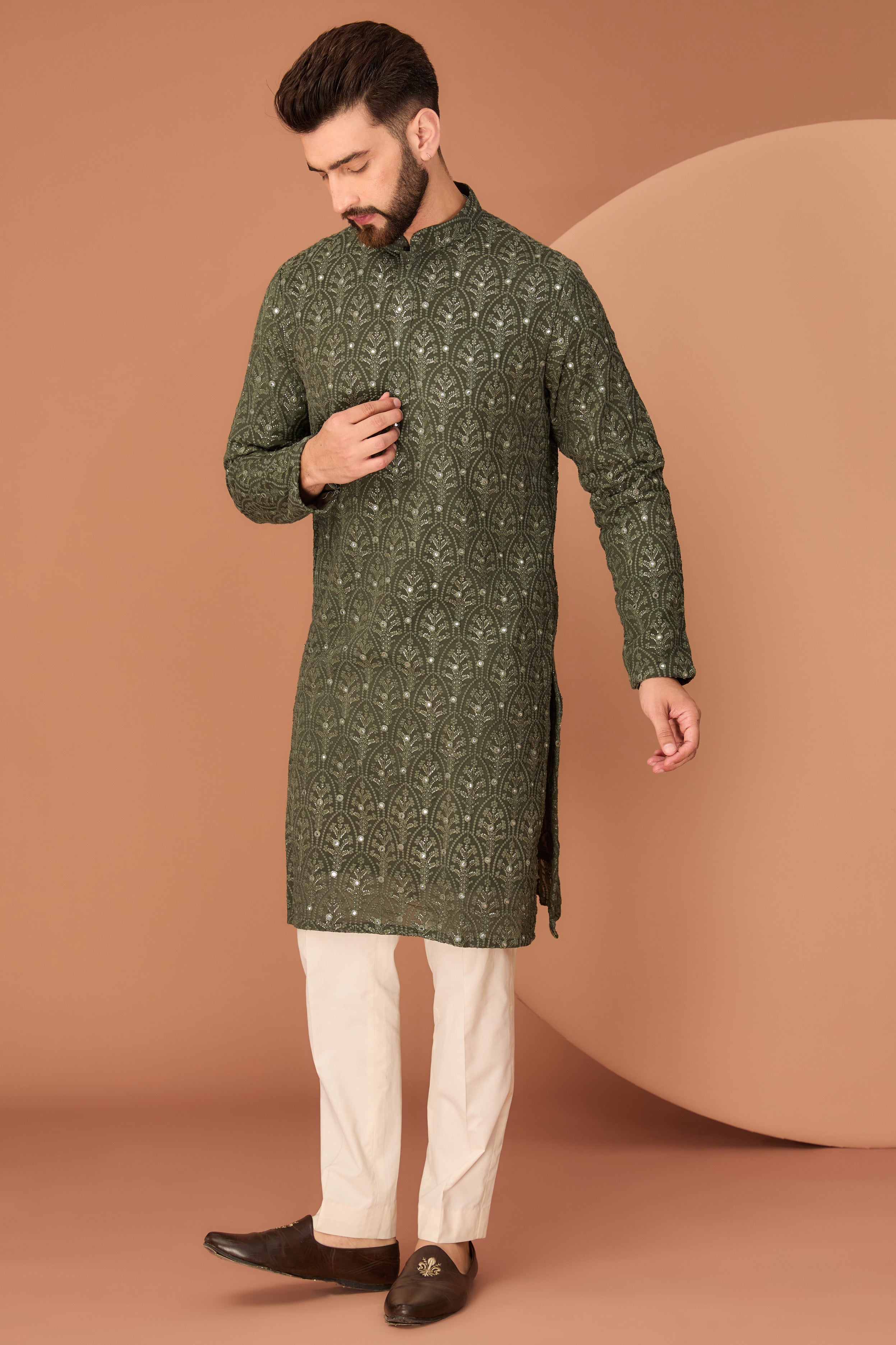 Military green chikankari kurta - kasbahmen