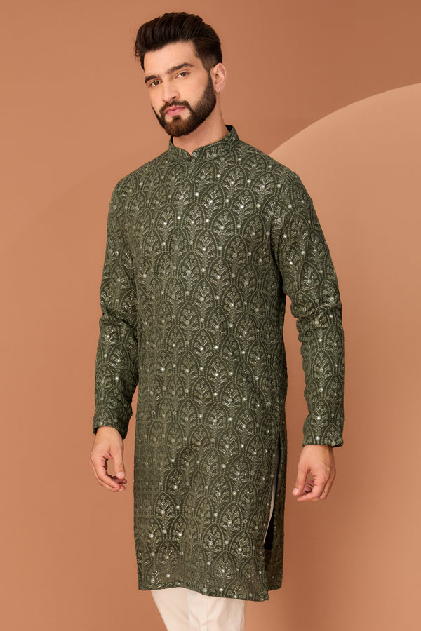 Military green chikankari kurta - kasbahmen