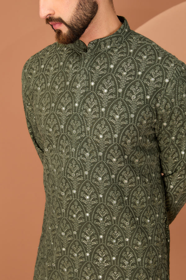 Military green chikankari kurta - kasbahmen