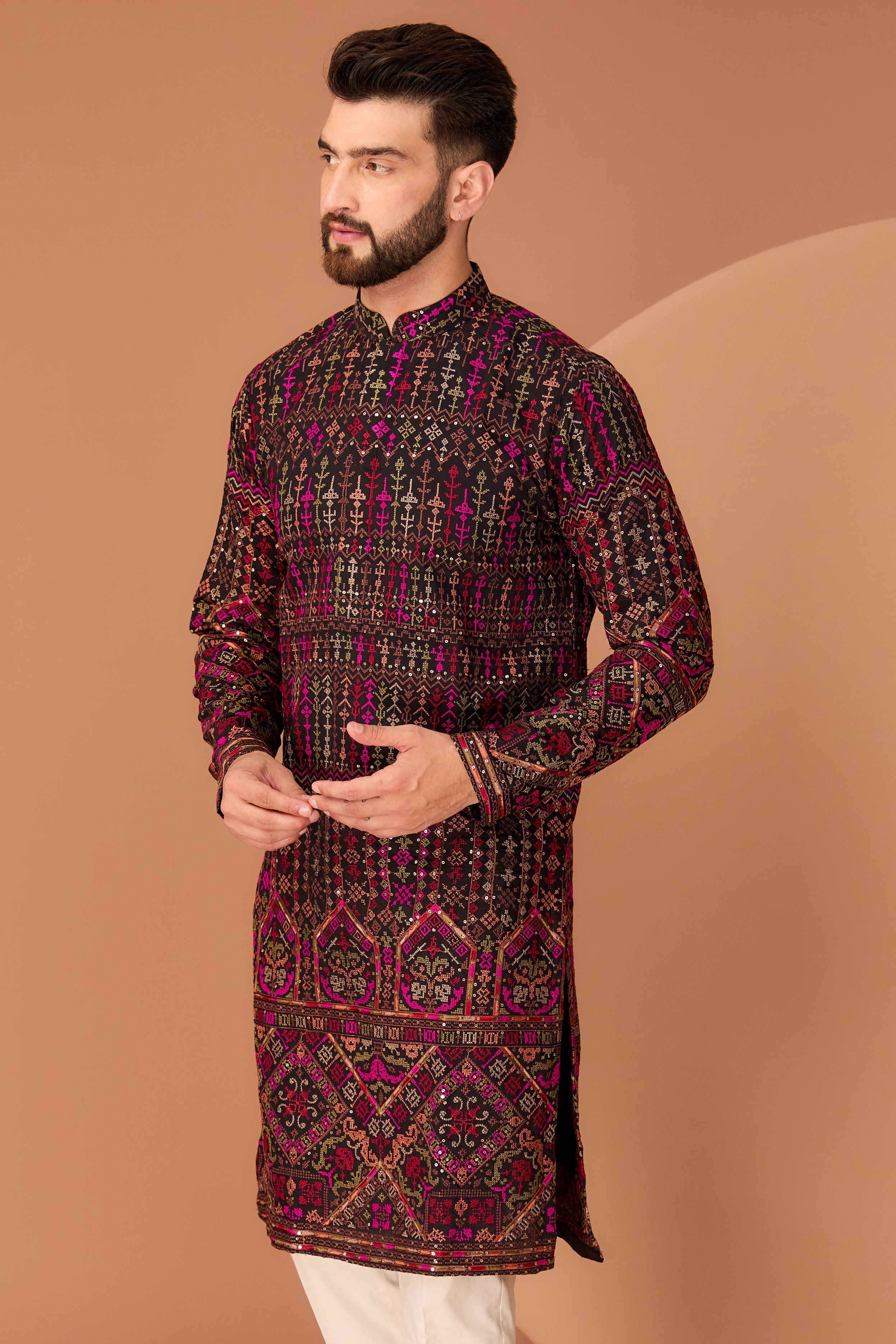 Black kashmiri embroidered kurta with intricate multi-threadwork - kasbahmen