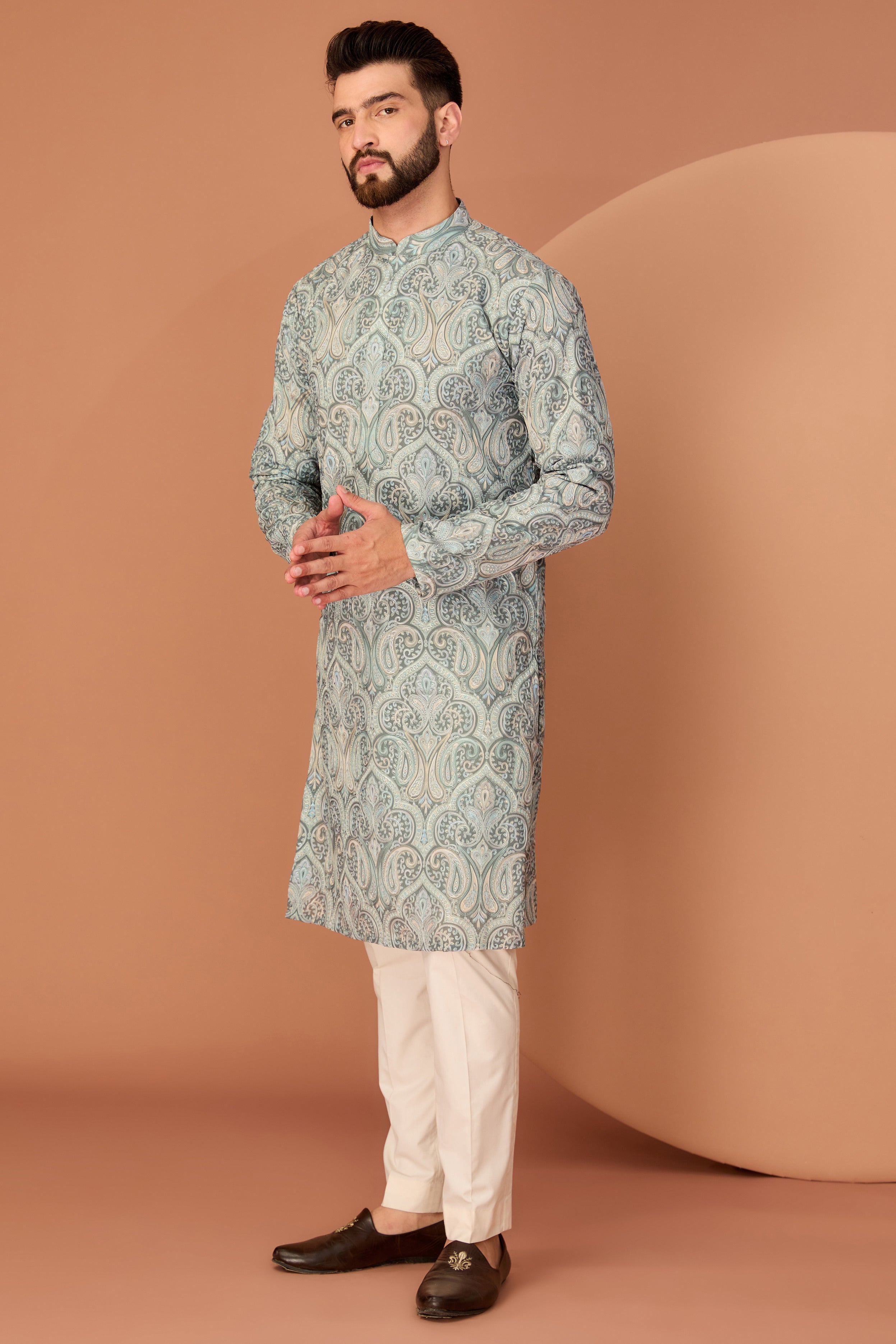 Mint Green Kashmiri embroidered chikankari kurta - kasbahmen