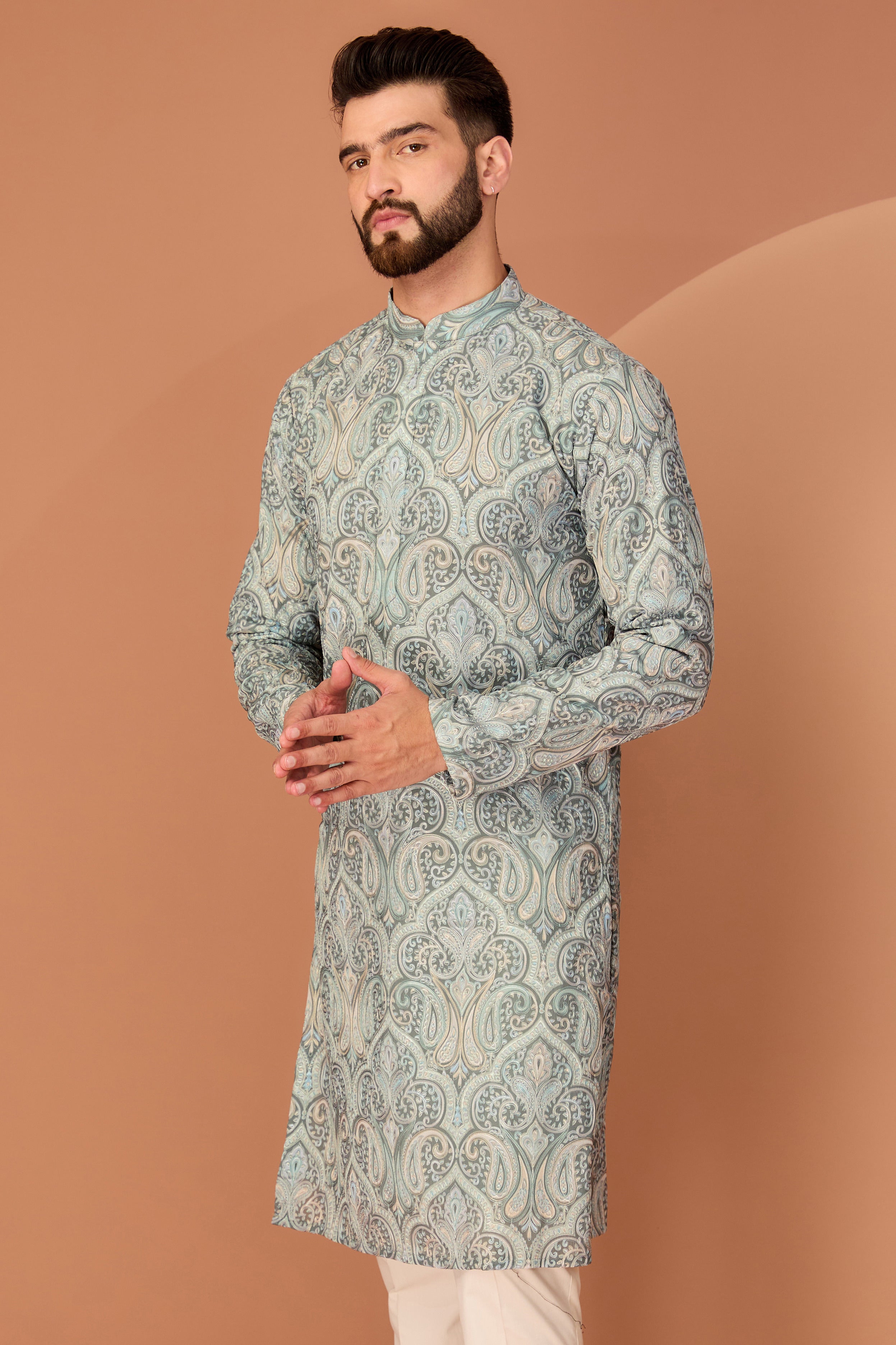 Mint Green Kashmiri embroidered chikankari kurta - kasbahmen