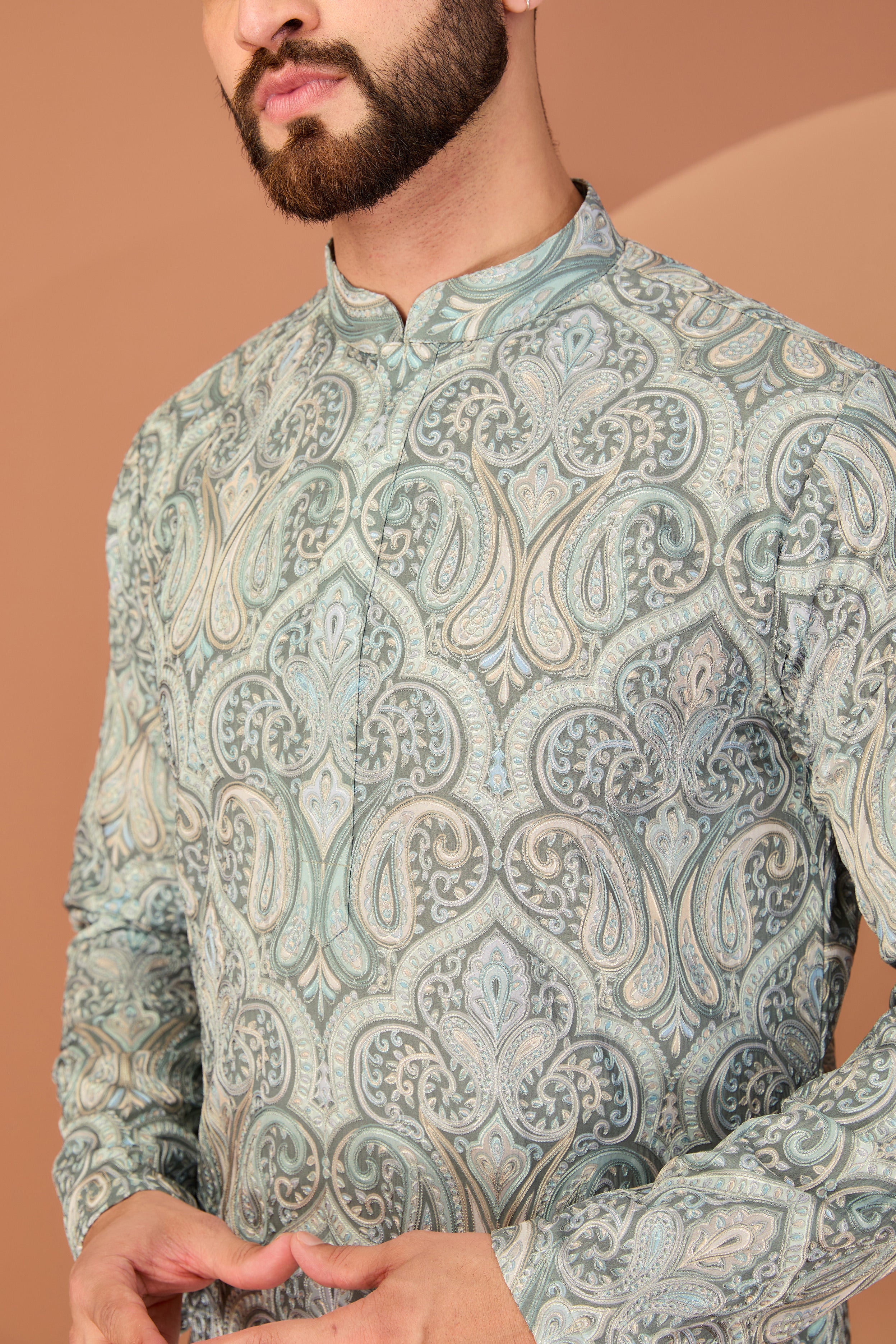 Mint Green Kashmiri embroidered chikankari kurta - kasbahmen