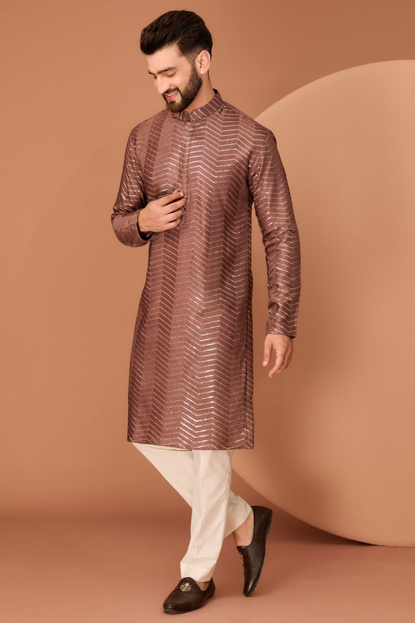 Dark rust brown thread-work kurta with intricate sequin detailing - kasbahmen