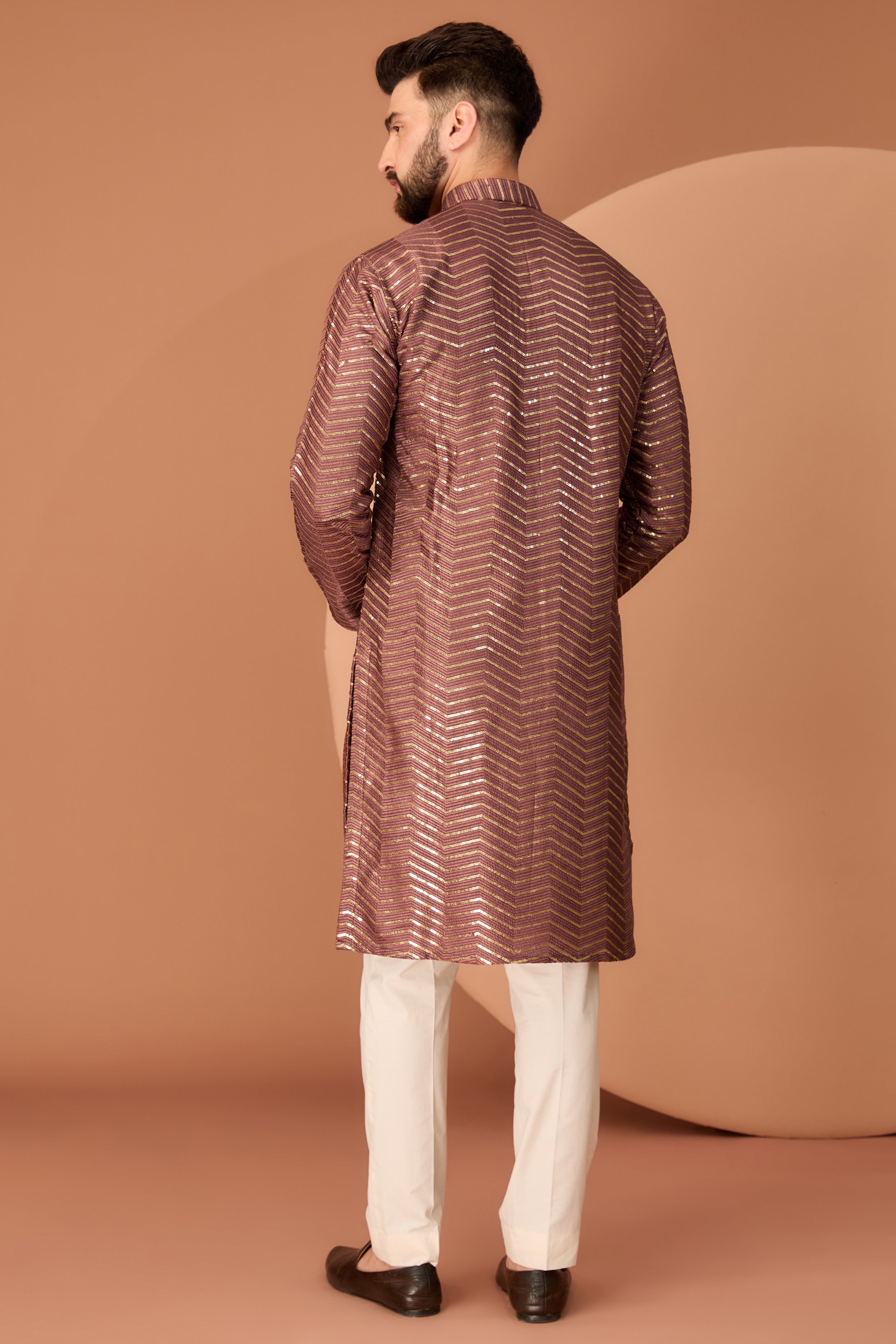 Dark rust brown thread-work kurta with intricate sequin detailing - kasbahmen