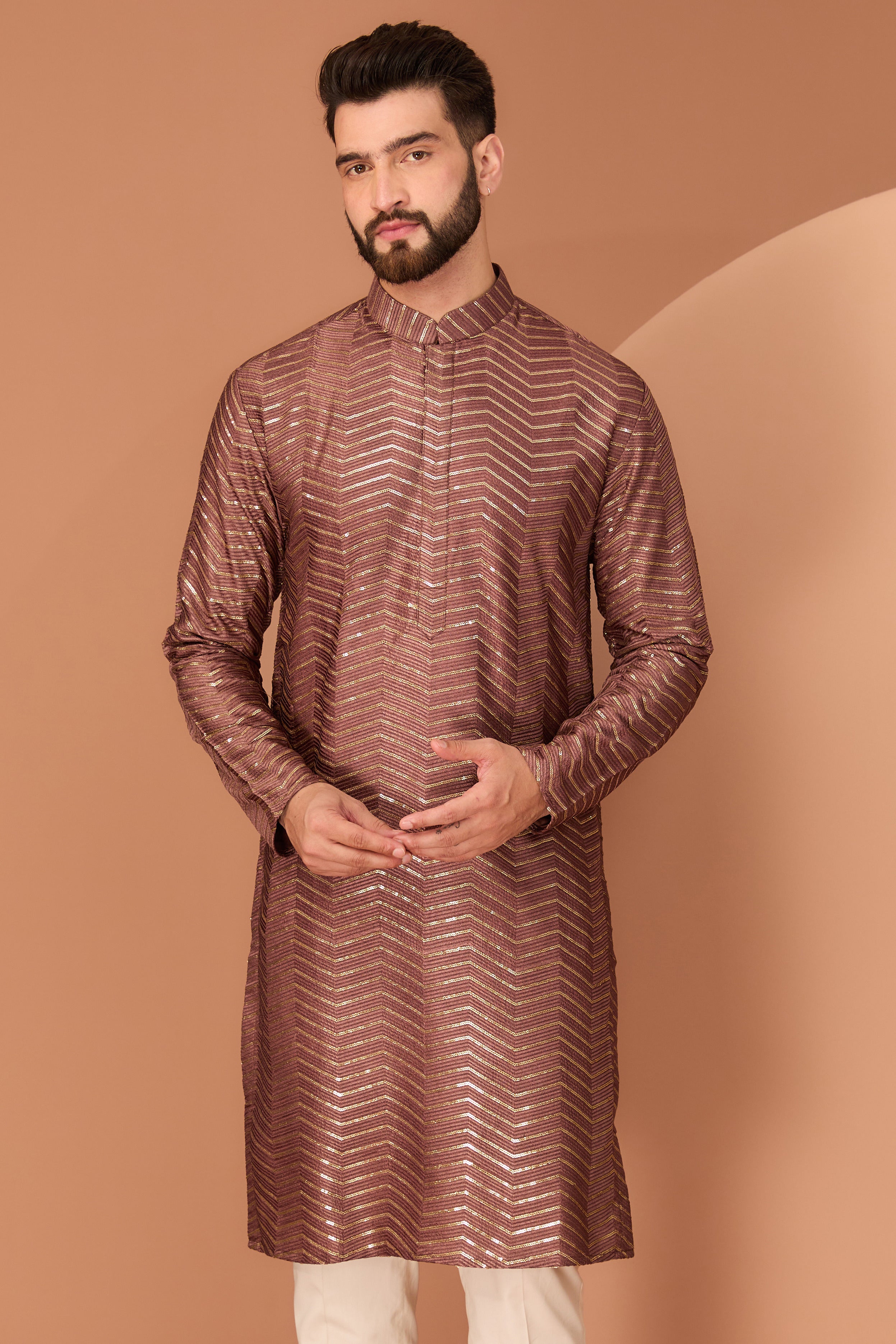 Dark rust brown thread-work kurta with intricate sequin detailing - kasbahmen