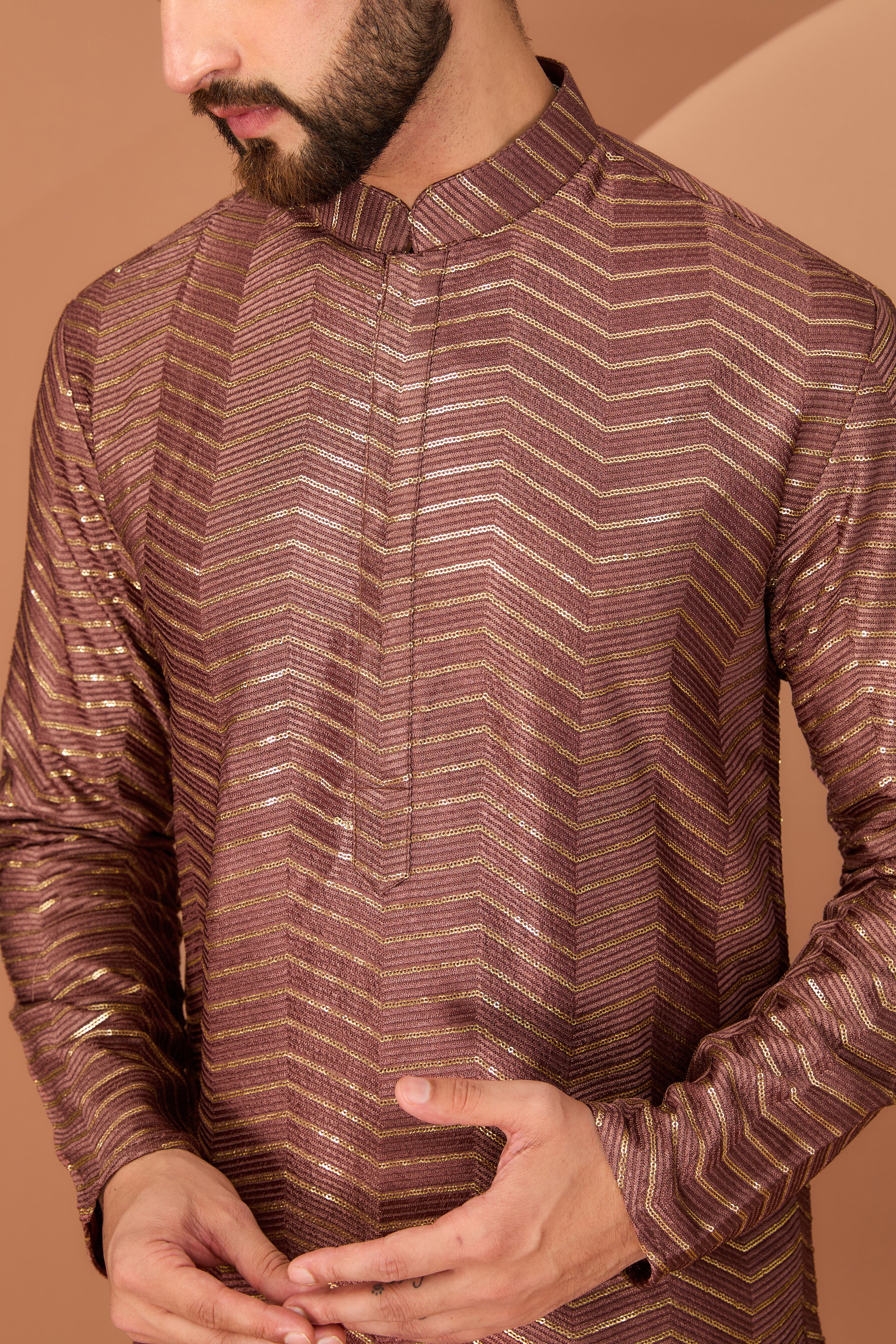 Dark rust brown thread-work kurta with intricate sequin detailing - kasbahmen