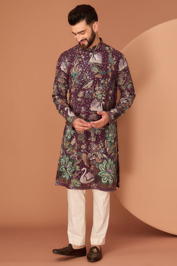 Wine kurta with flora-fauna motifs and intricate multi-thread and sequin embroider - kasbahmen