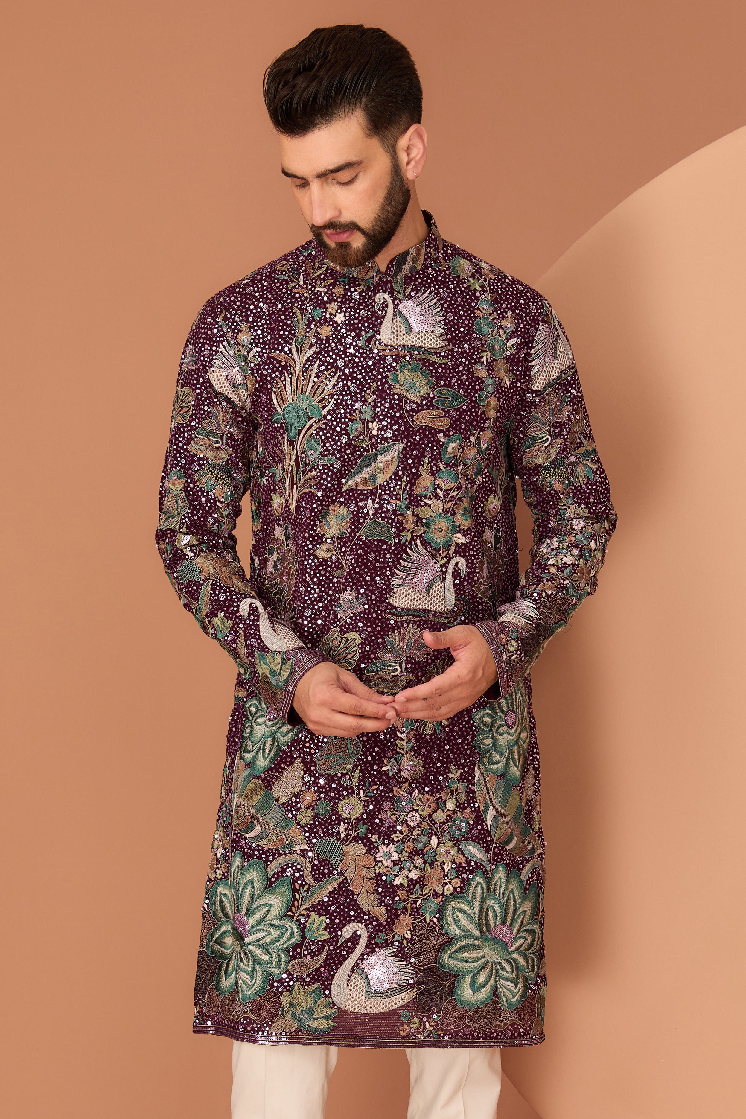 Wine kurta with flora-fauna motifs and intricate multi-thread and sequin embroider - kasbahmen