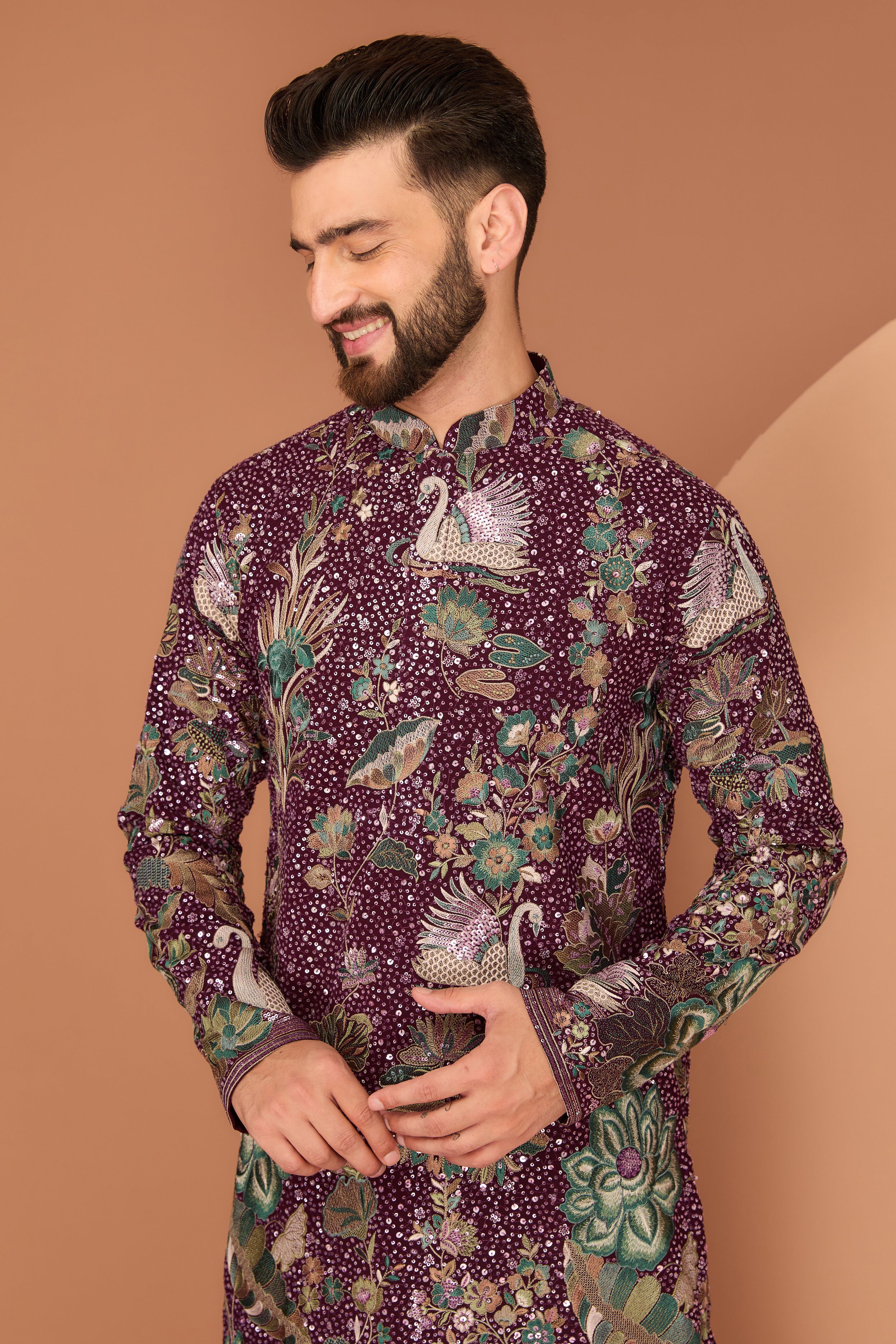 Wine kurta with flora-fauna motifs and intricate multi-thread and sequin embroider - kasbahmen