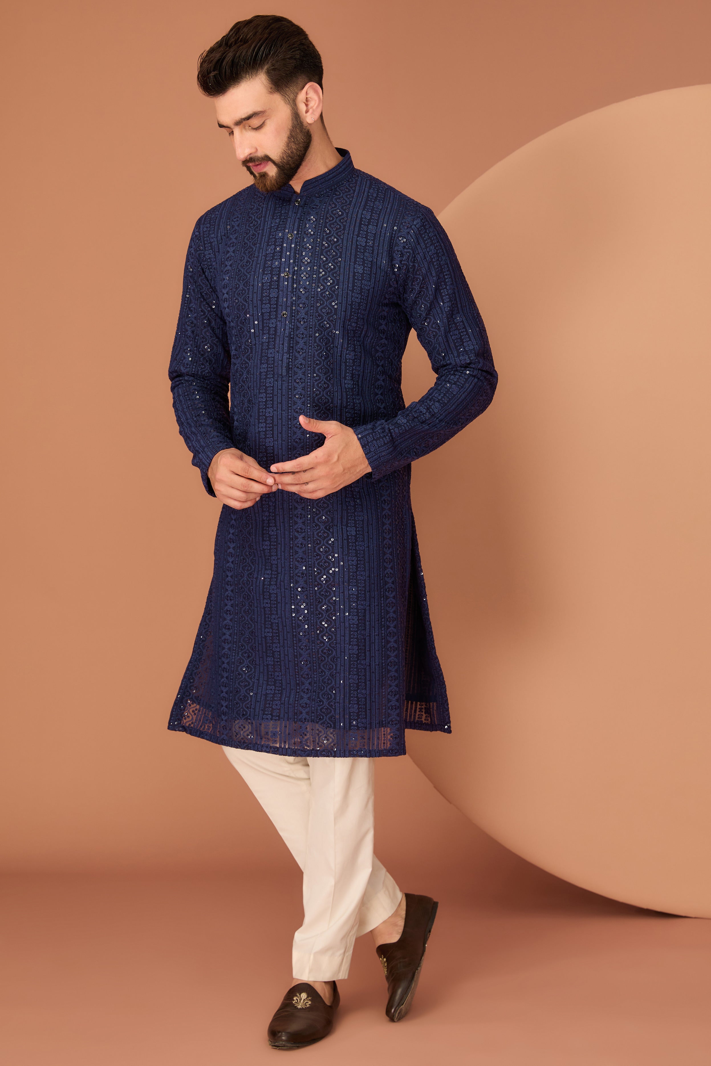 Navy Blue chikankari kurta with intricate thread and sequin work - kasbahmen