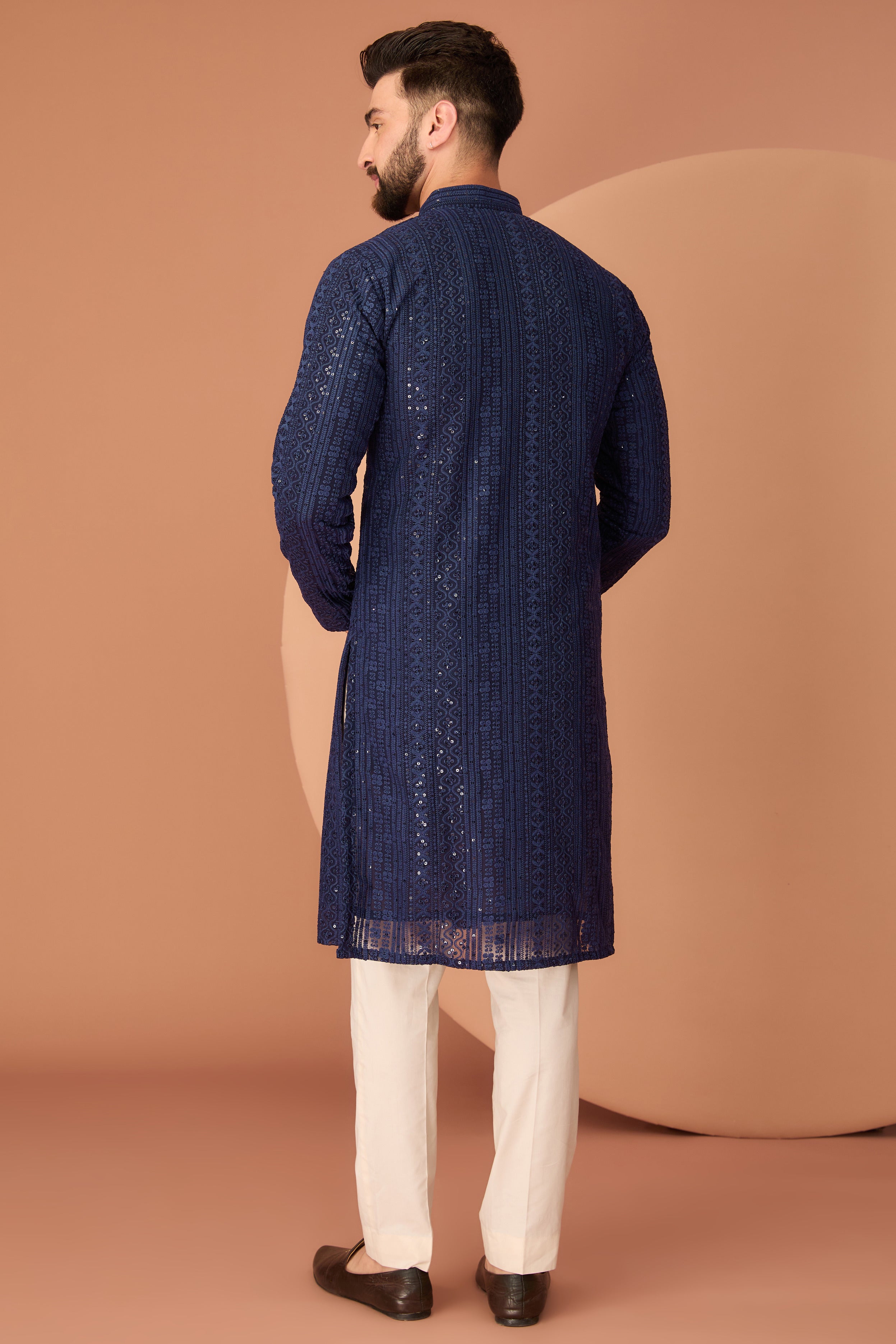 Navy Blue chikankari kurta with intricate thread and sequin work - kasbahmen