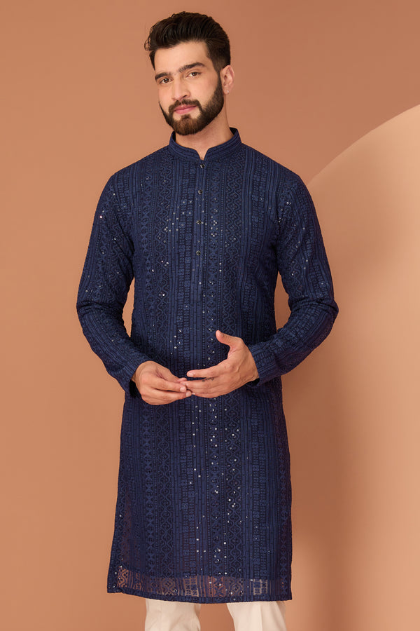 Navy Blue chikankari kurta with intricate thread and sequin work - kasbahmen