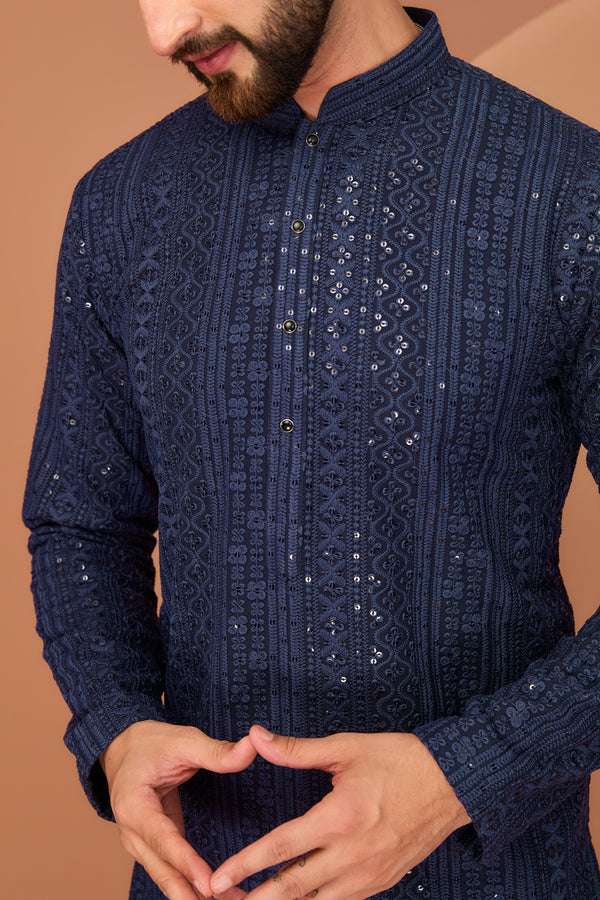 Navy Blue chikankari kurta with intricate thread and sequin work - kasbahmen