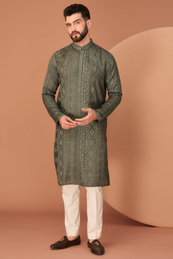 Military green chikankari kurta - kasbahmen