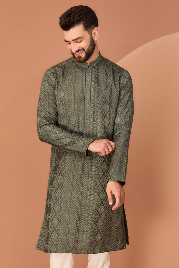 Military green chikankari kurta - kasbahmen