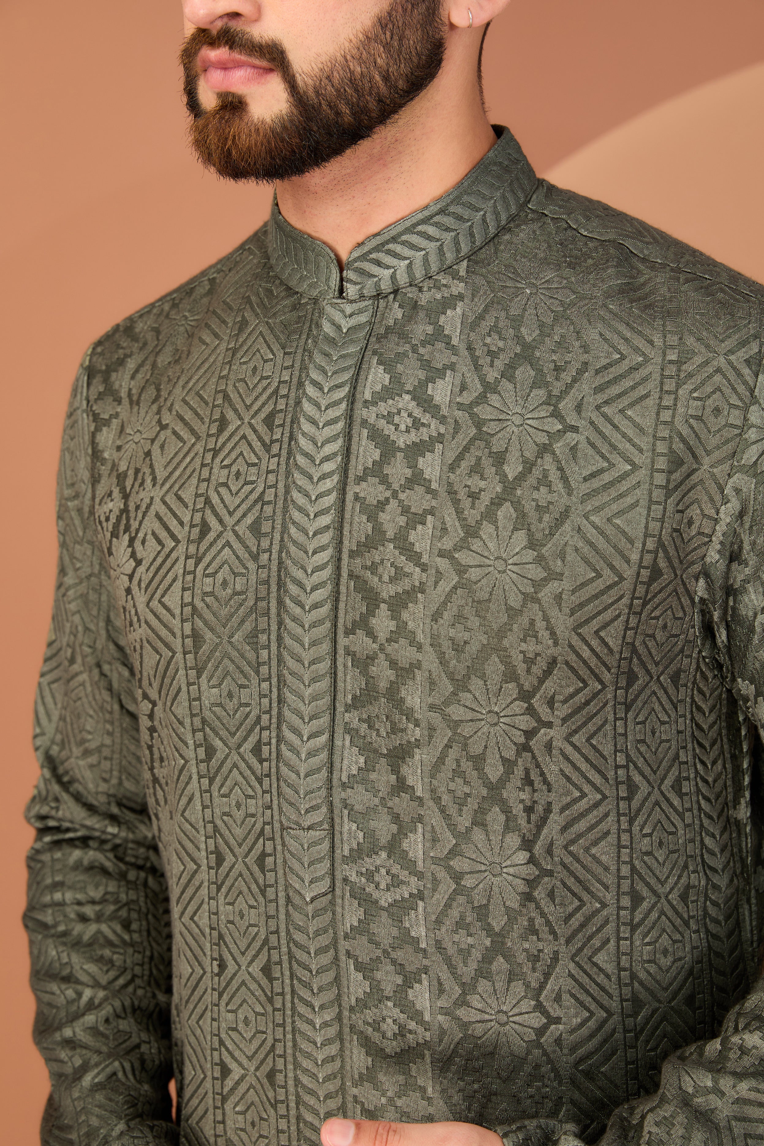 Military green chikankari kurta - kasbahmen