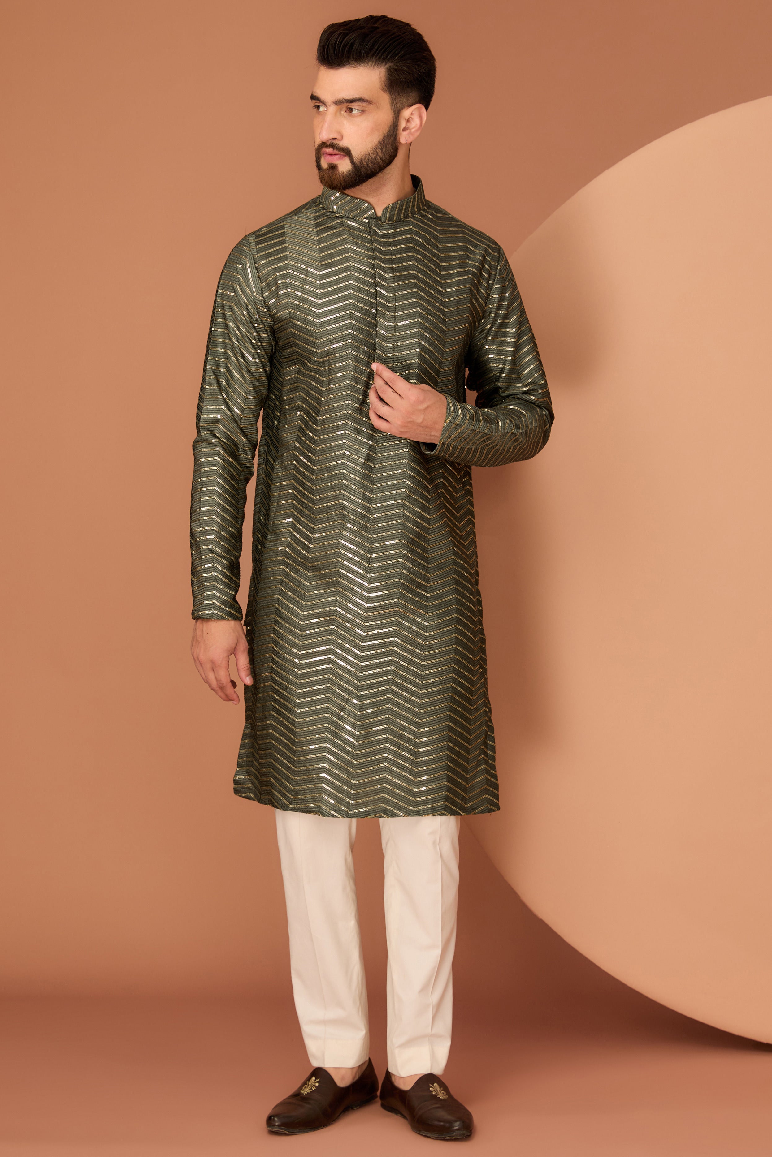 Military Green thread-work kurta with intricate sequin detailing - kasbahmen