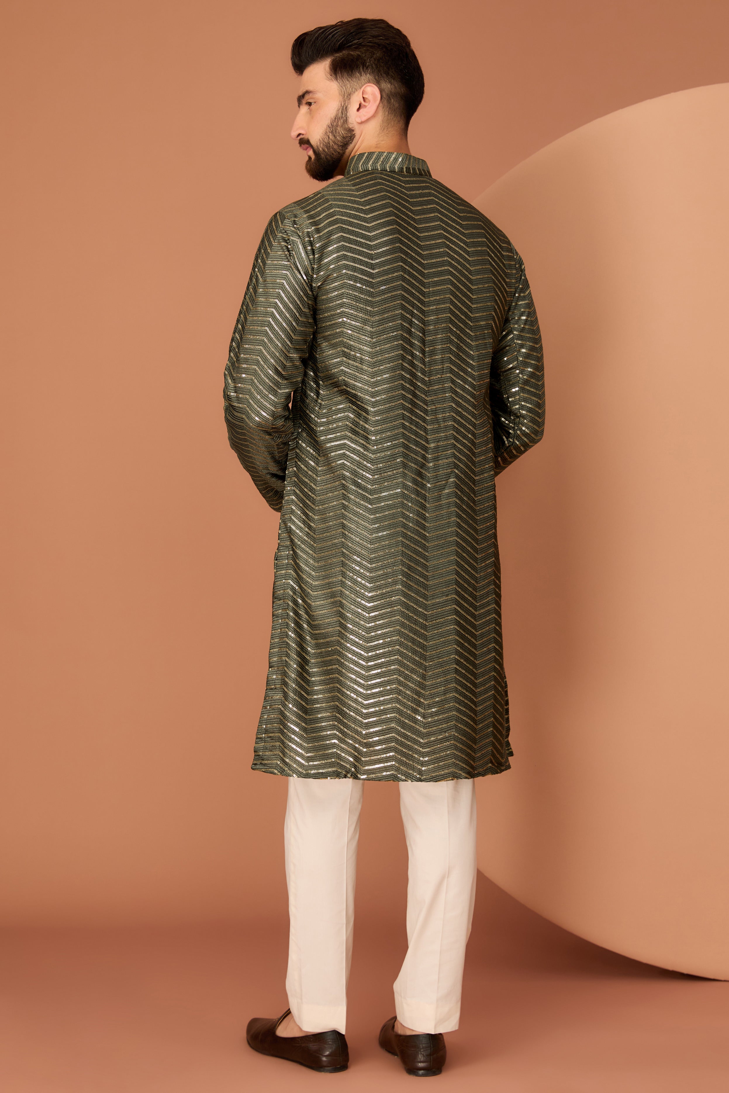 Military Green thread-work kurta with intricate sequin detailing - kasbahmen