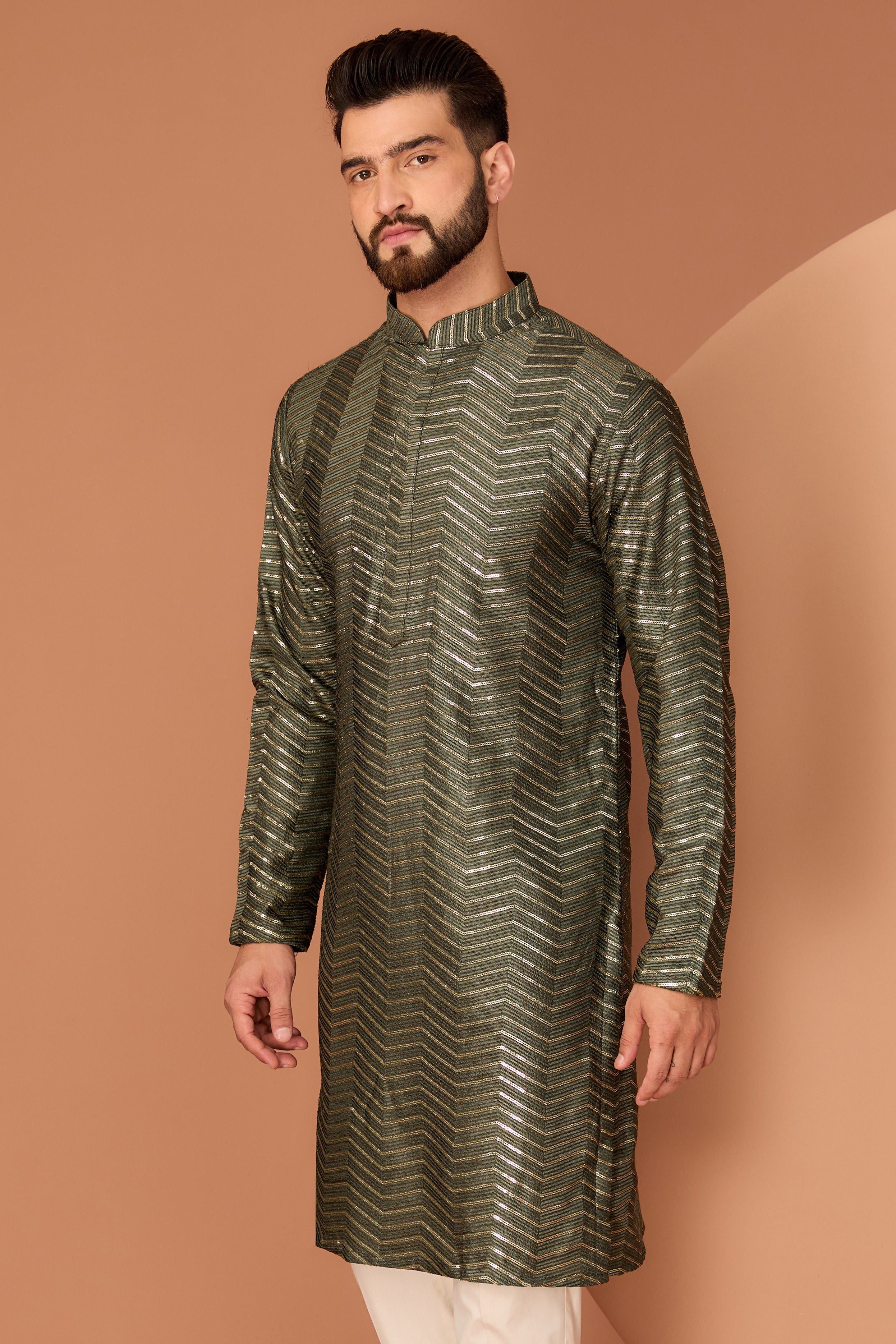 Military Green thread-work kurta with intricate sequin detailing - kasbahmen