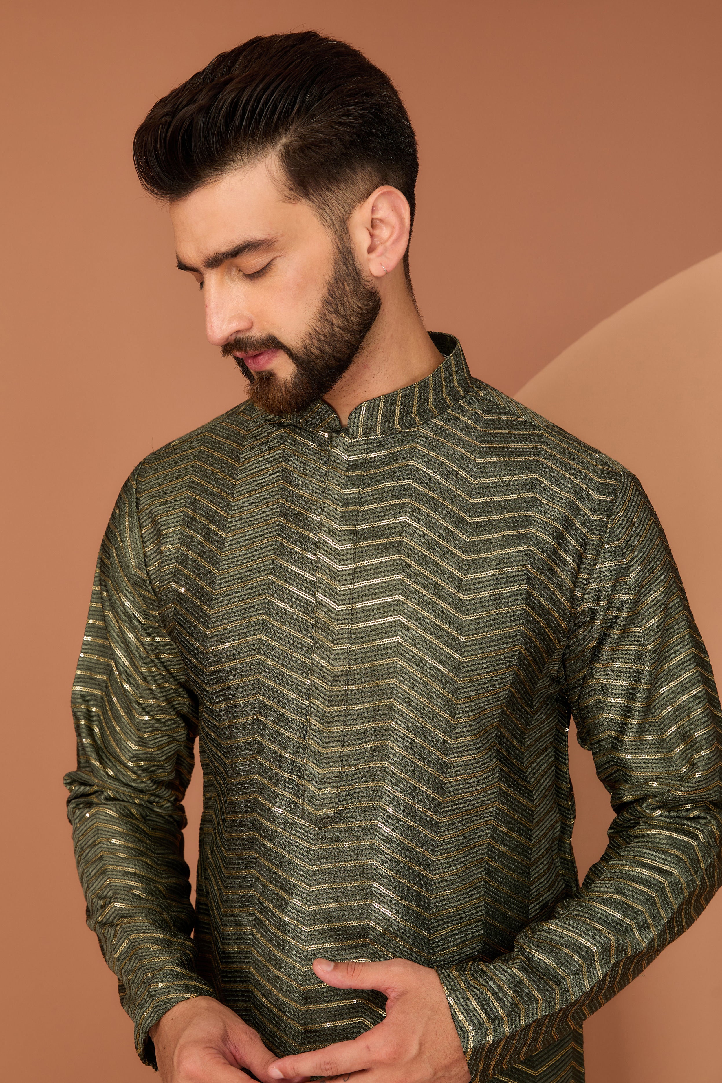 Military Green thread-work kurta with intricate sequin detailing - kasbahmen