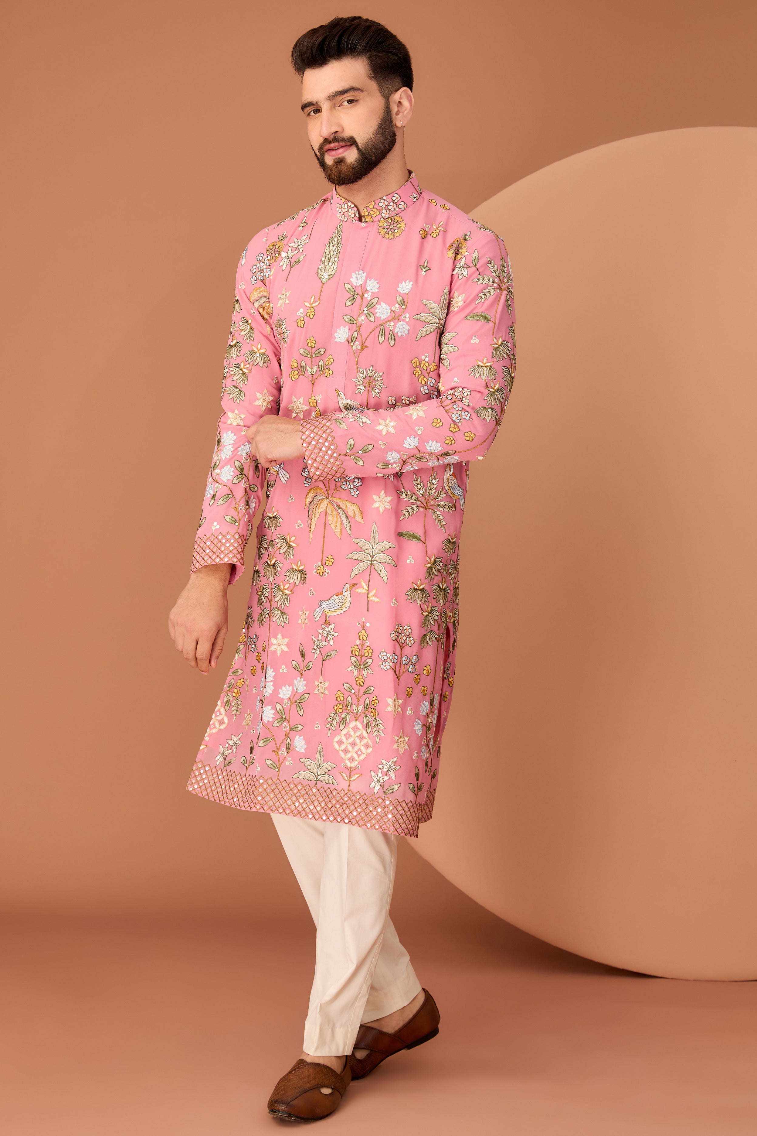 Dark Pink flora-fauna embroidered kurta - kasbahmen