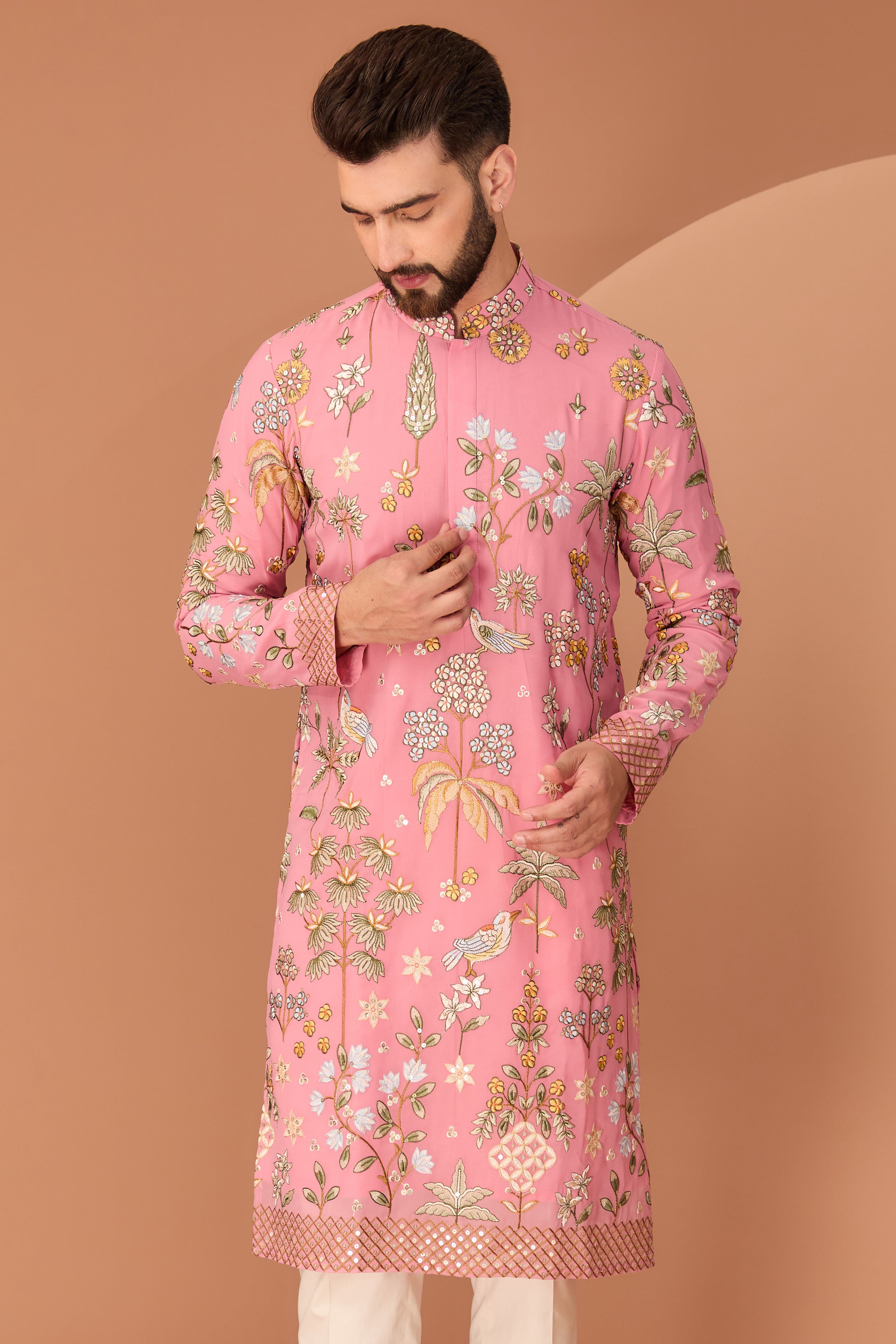 Dark Pink flora-fauna embroidered kurta - kasbahmen