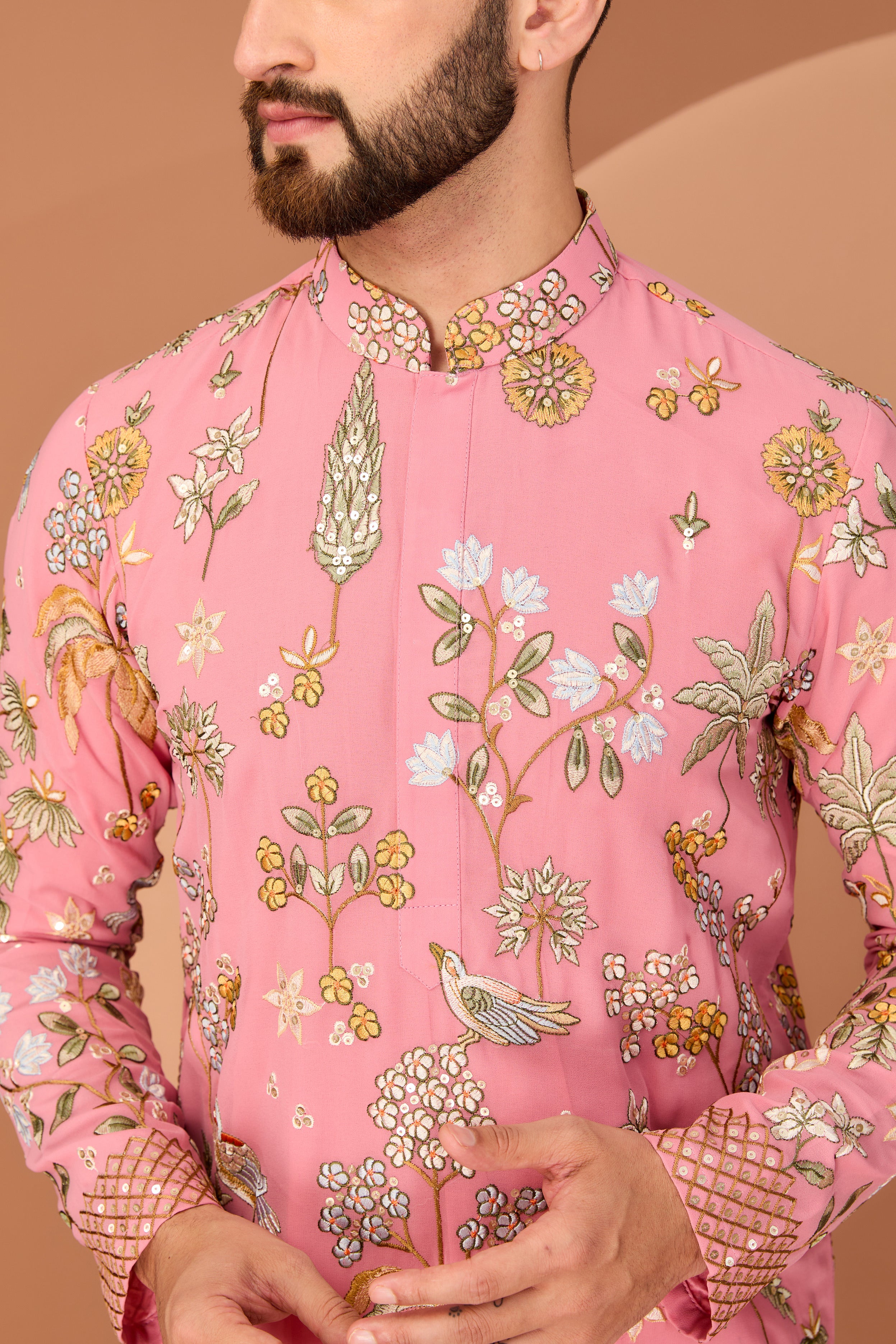 Dark Pink flora-fauna embroidered kurta - kasbahmen