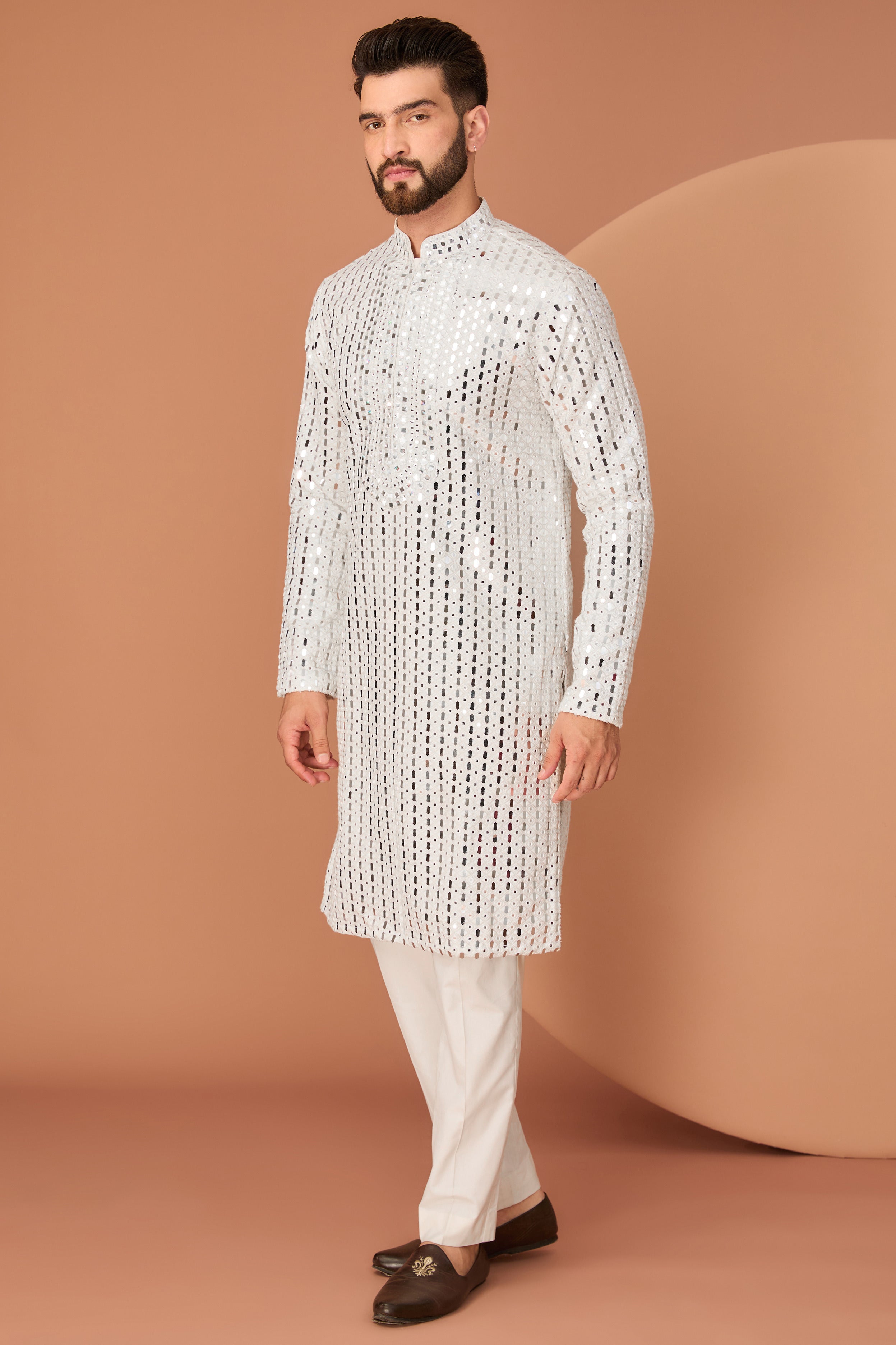 White mirror work kurta with hand embroidered neck-line - kasbahmen