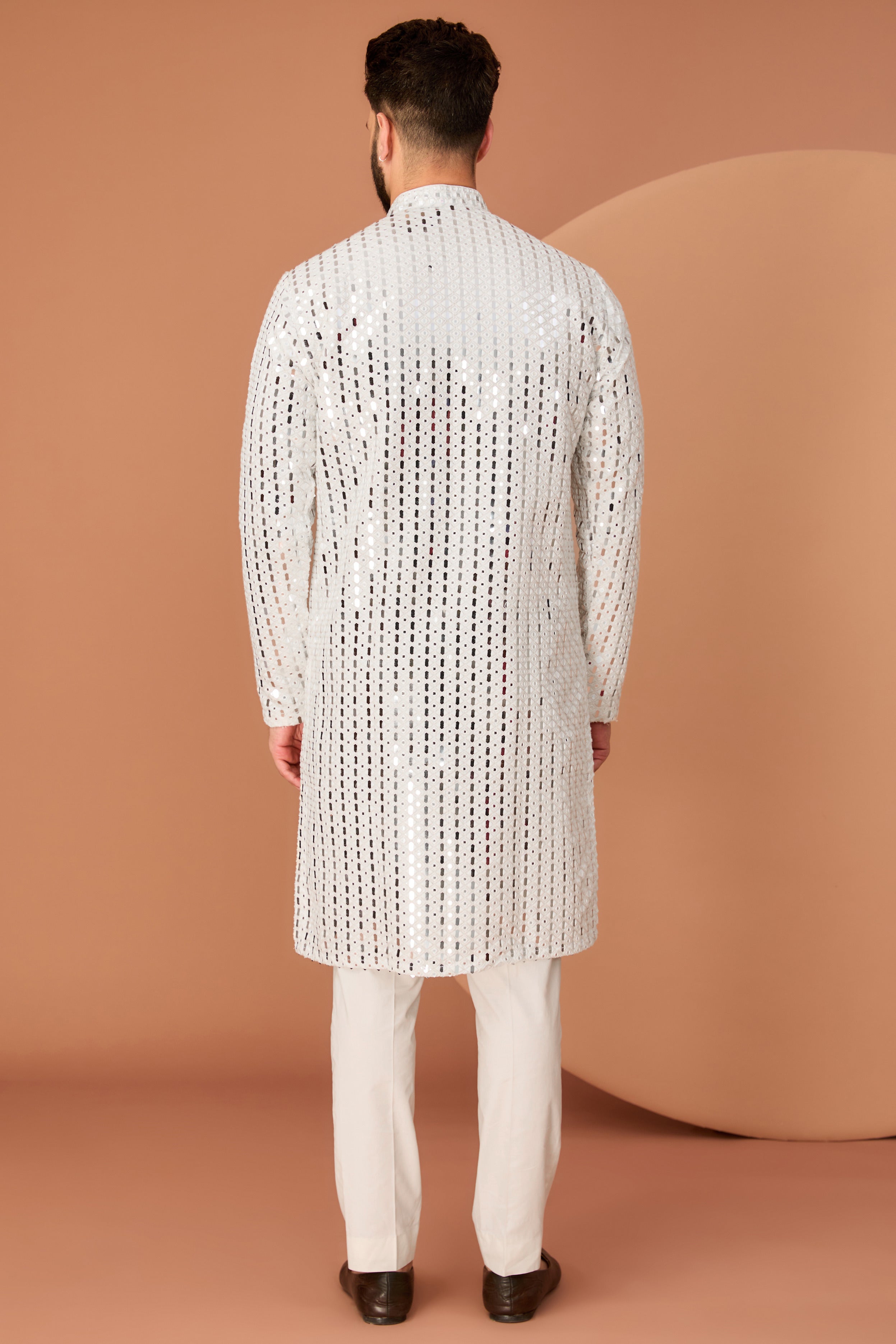 White mirror work kurta with hand embroidered neck-line - kasbahmen