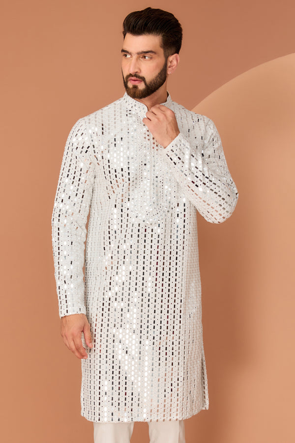 White mirror work kurta with hand embroidered neck-line - kasbahmen