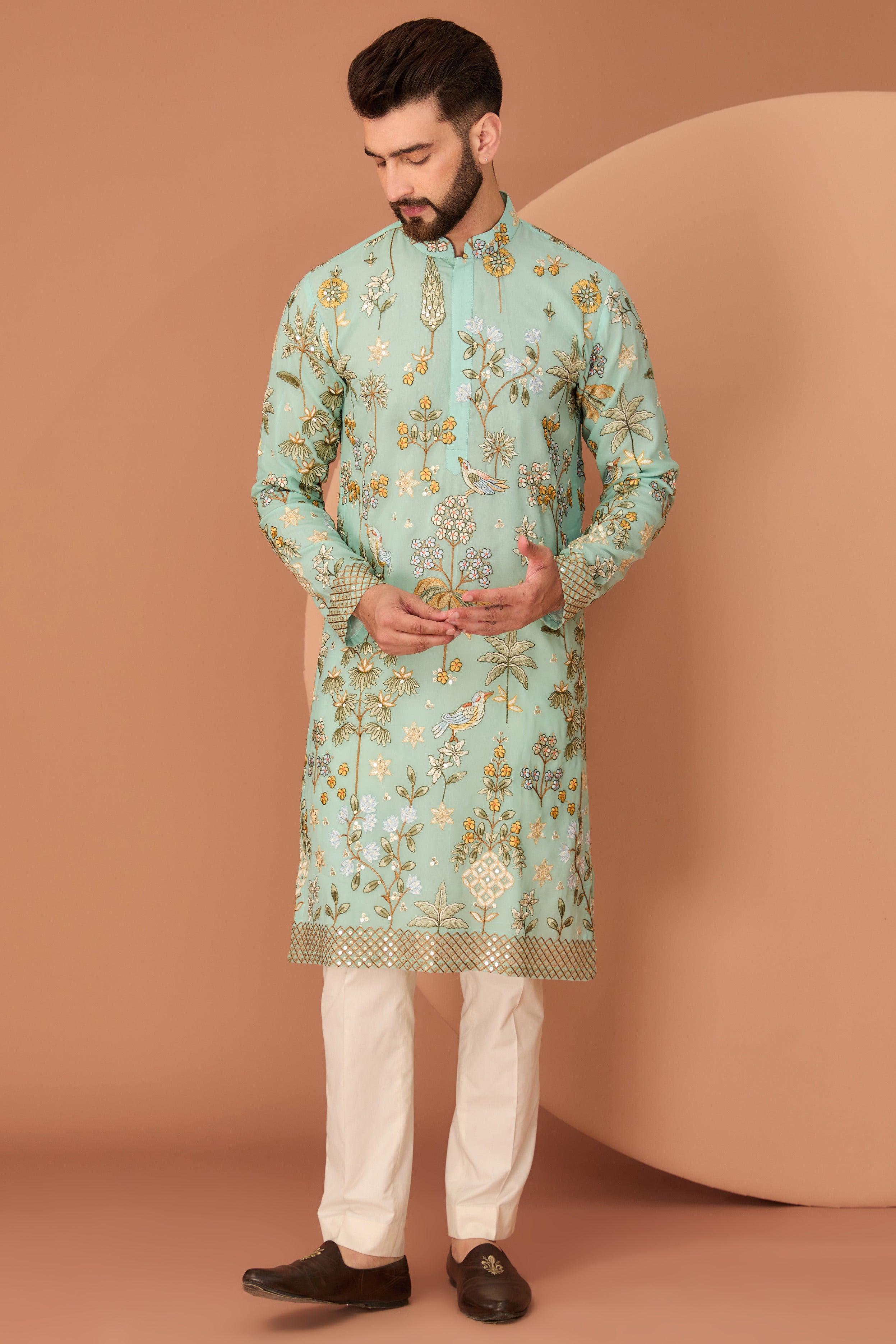 Dark Aqua Blue flora-fauna embroidered kurta - kasbahmen